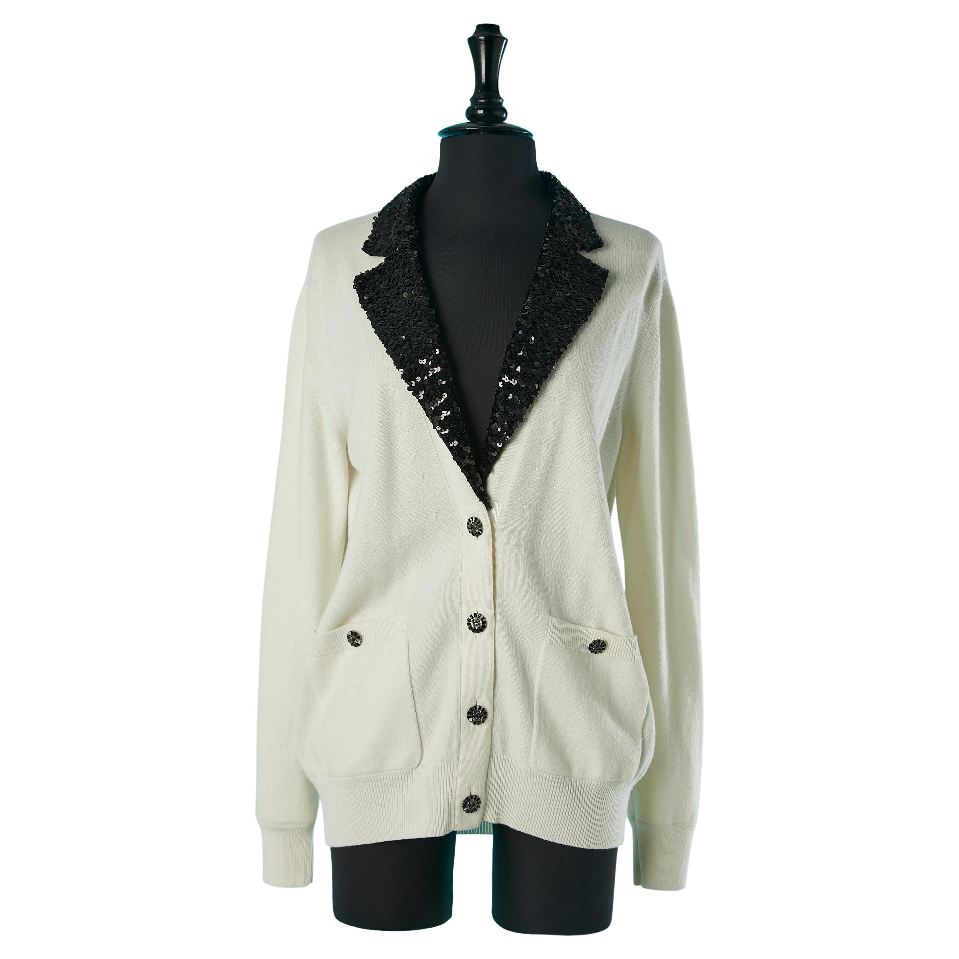 White cashmere cardigan with black sequin collar CHANEL For Sale