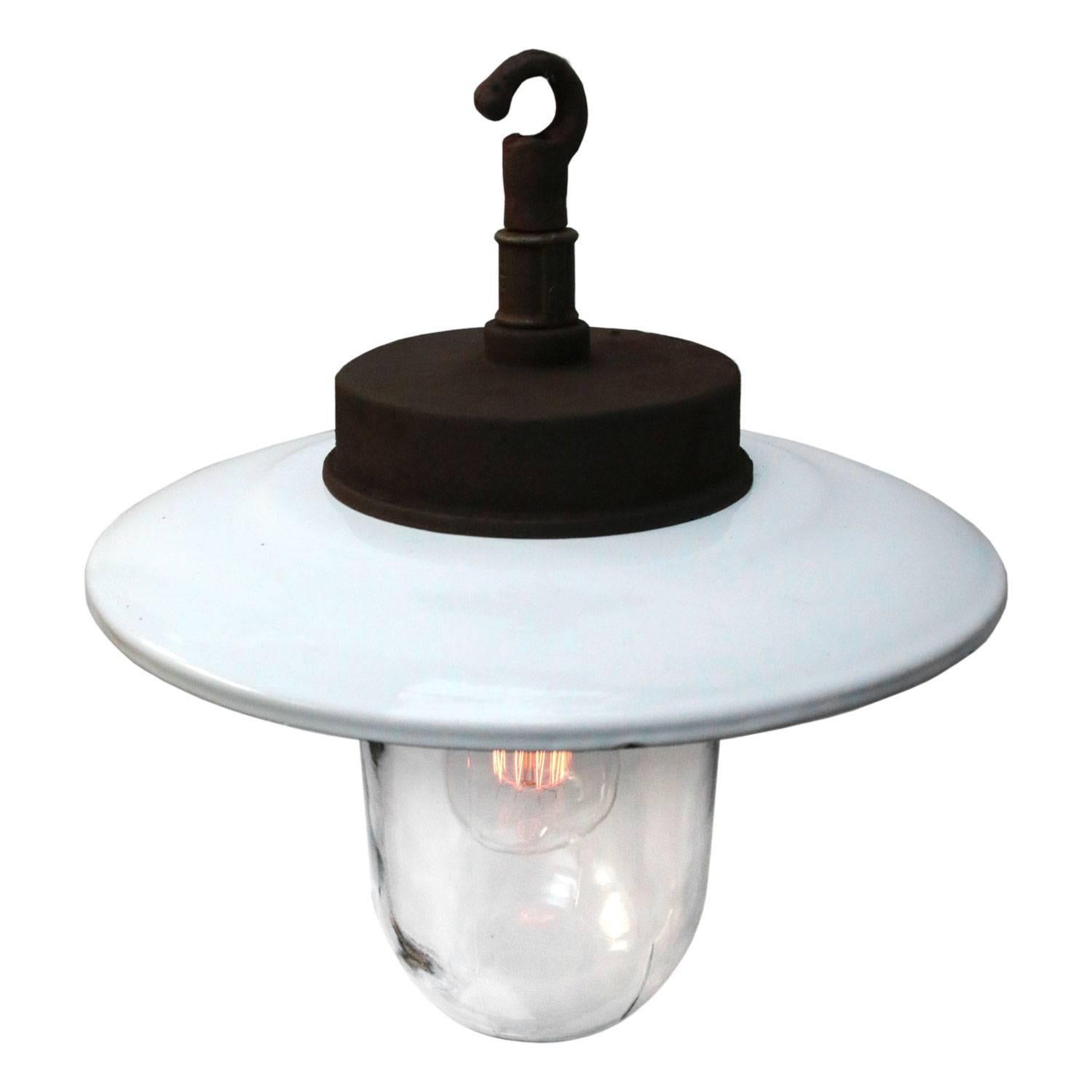 Industrial factory pendant. White enamel shade. Cast iron top. Clear glass.

Weight: 3.0 kg / 6.6 lb

All lamps have been made suitable by international standards for incandescent light bulbs, energy-efficient and LED bulbs. E26/E27 bulb holders and