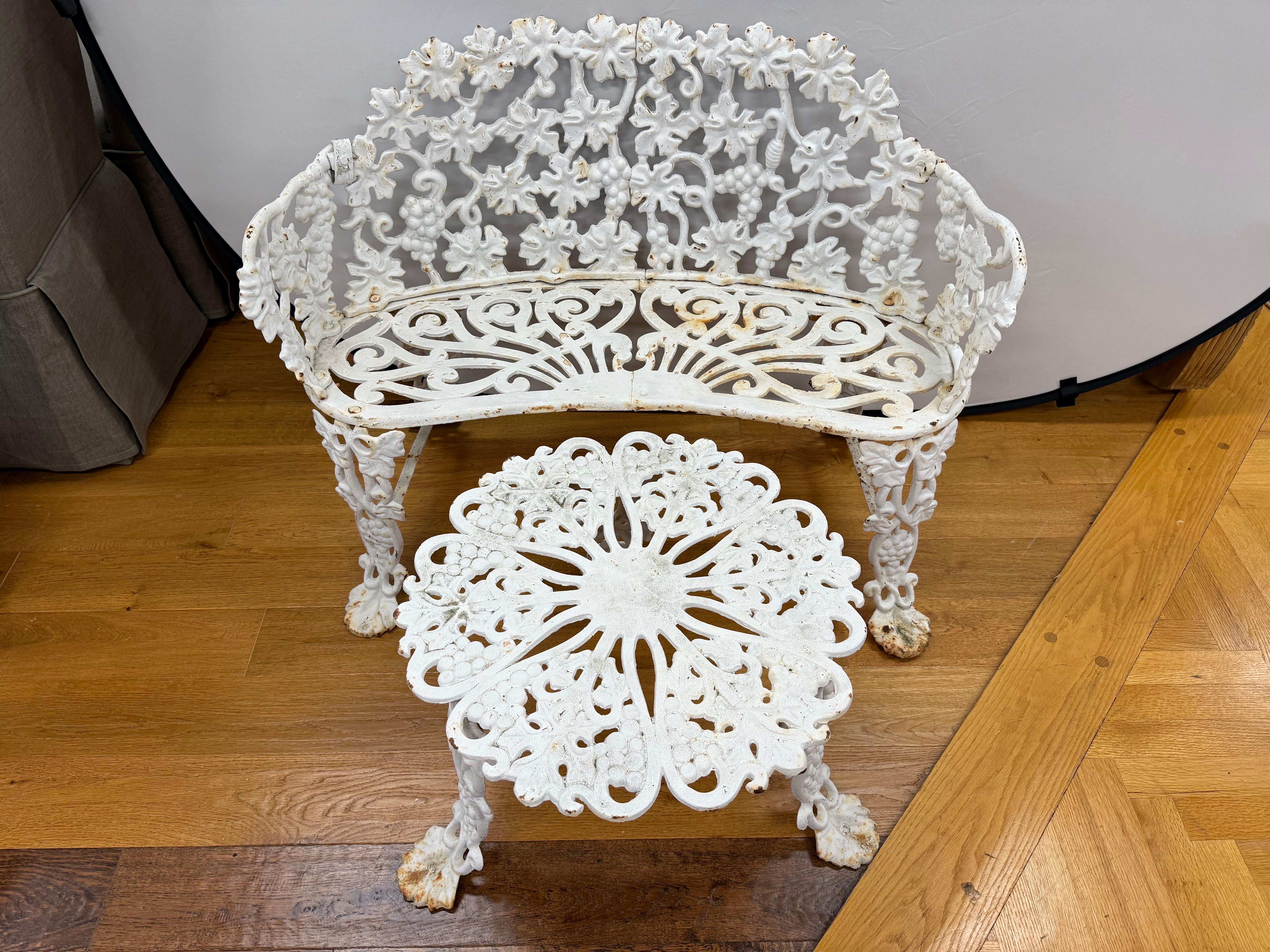 Vintage 2-piece white cast iron bench and table set.  Lovely patina given age that adds to its authenticity - see pics.  Showcases intricate grapevine and floral motifs, each is expertly cast to highlight the ornate detailing that defines classic