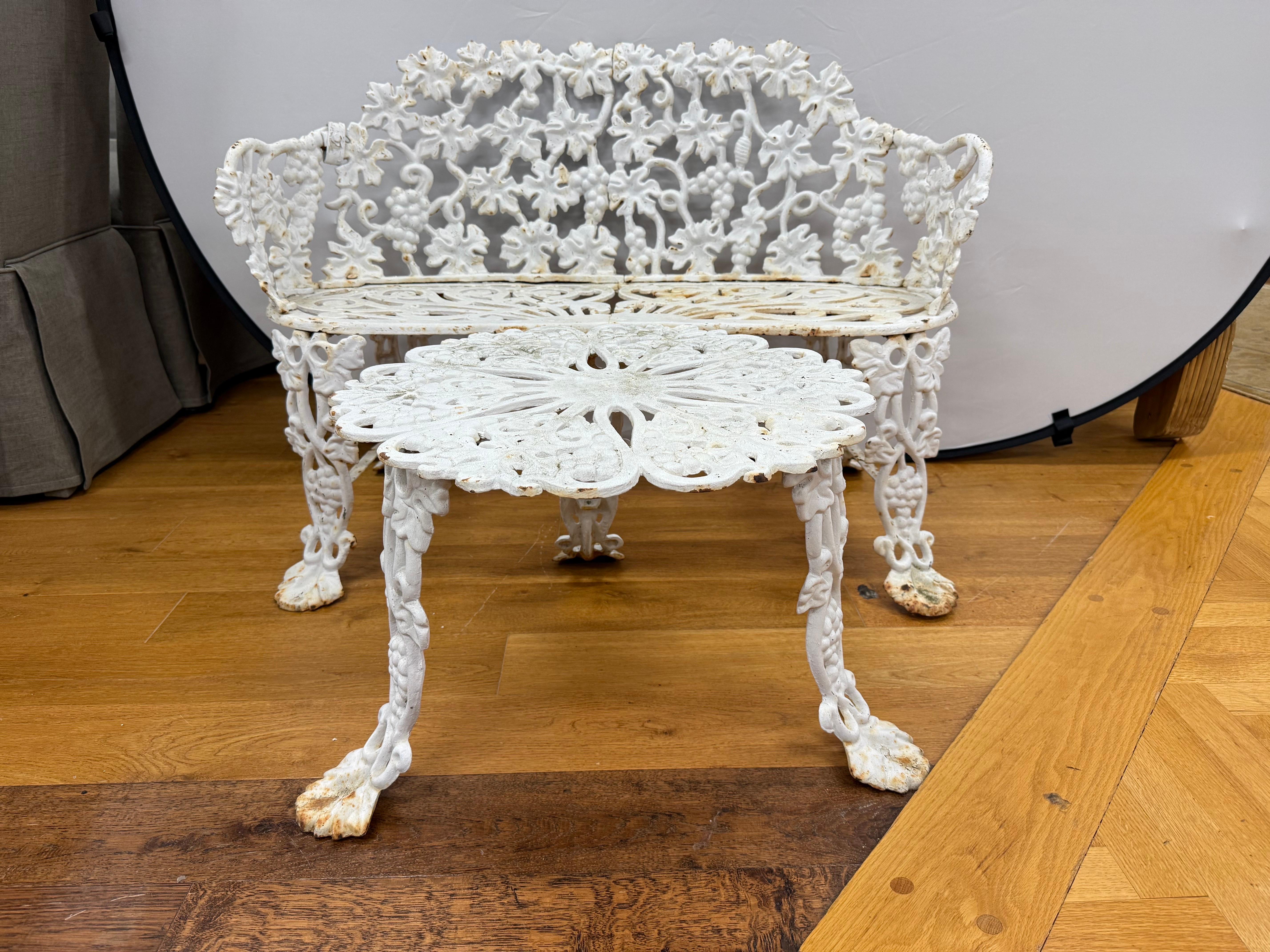 Italian White Cast Iron Grapevine Bench and Table Set Combo For Sale