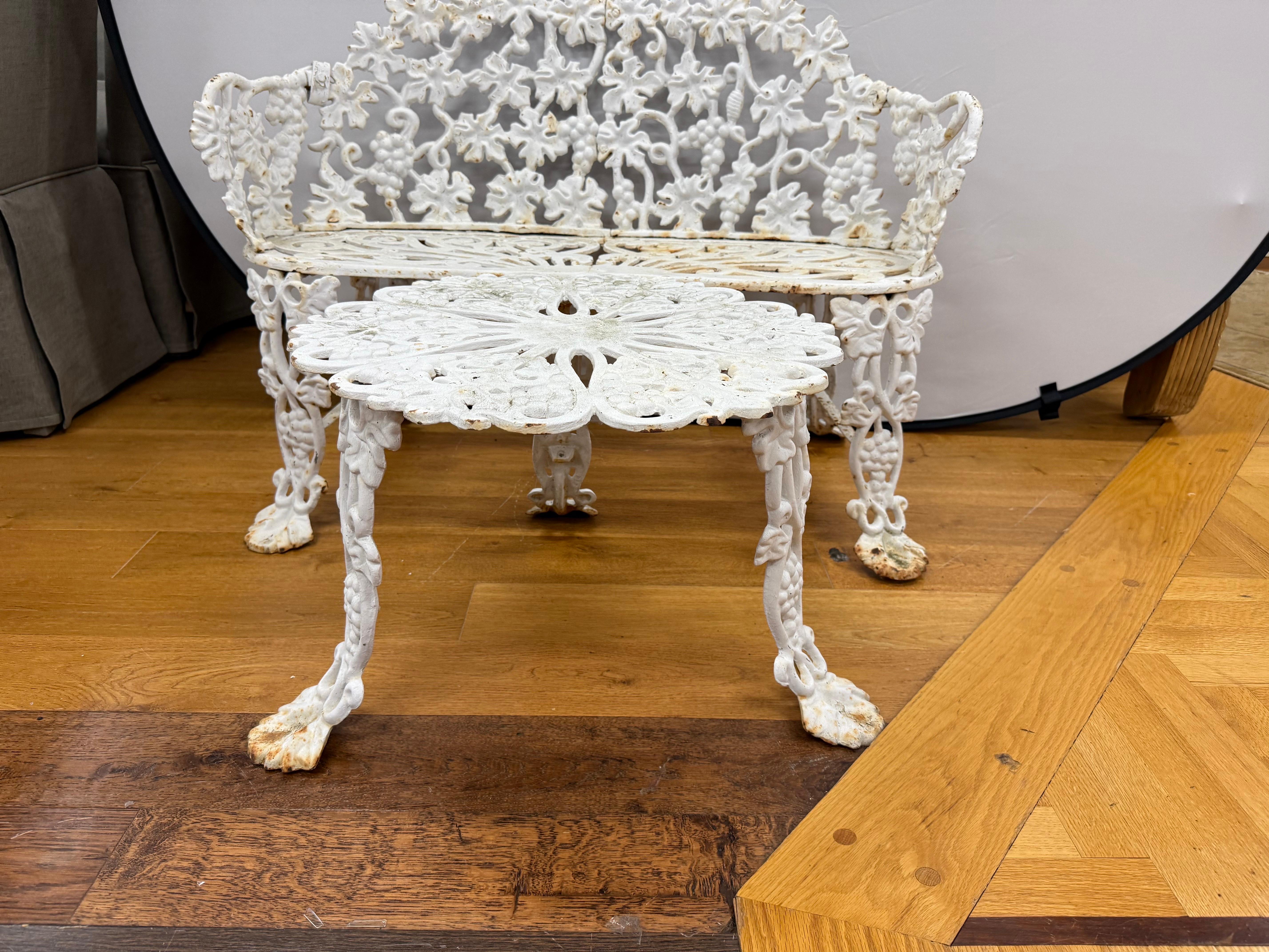 White Cast Iron Grapevine Bench and Table Set Combo In Good Condition For Sale In West Hartford, CT