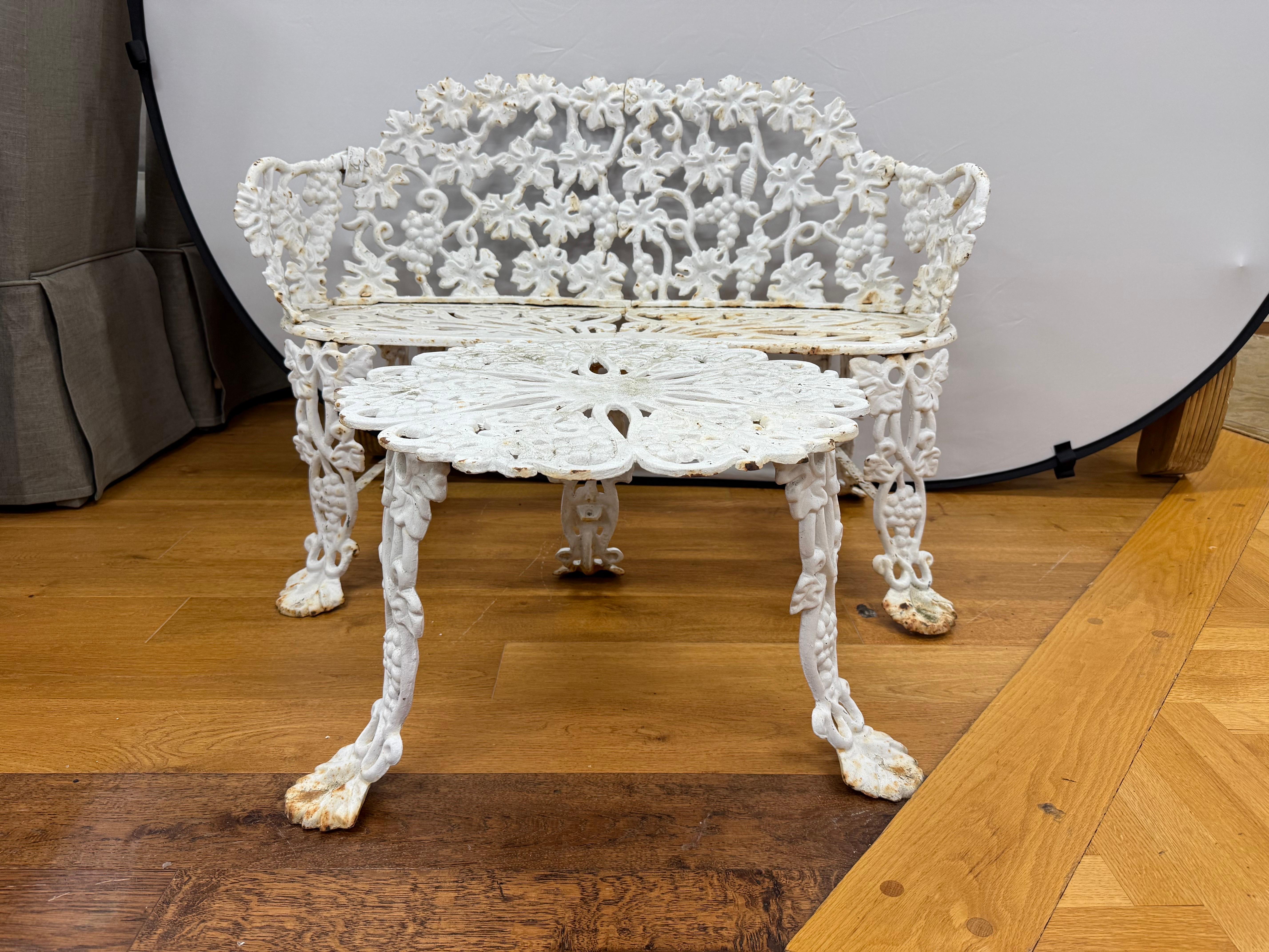 White Cast Iron Grapevine Bench and Table Set Combo For Sale 1