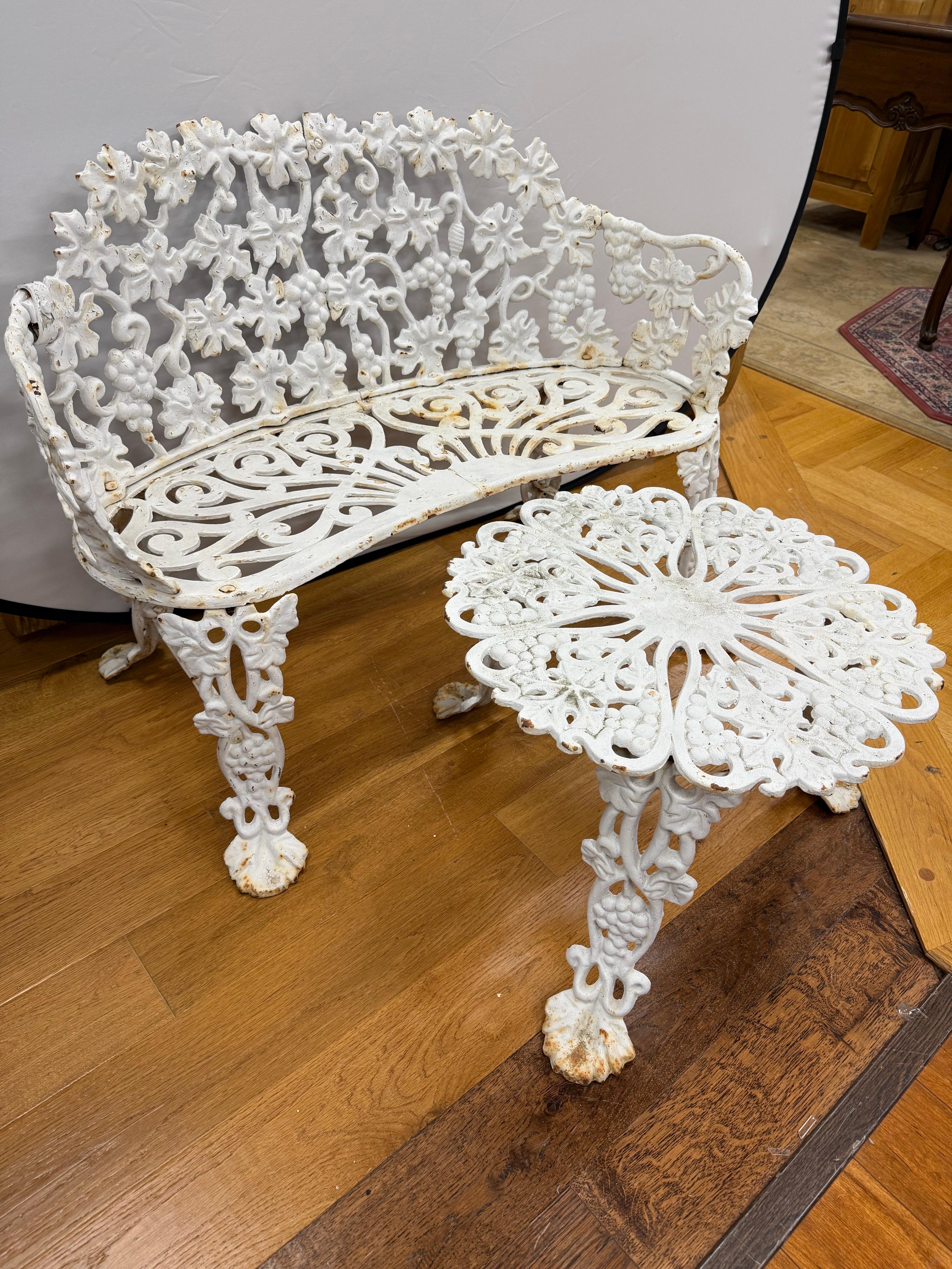 White Cast Iron Grapevine Bench and Table Set Combo For Sale 2