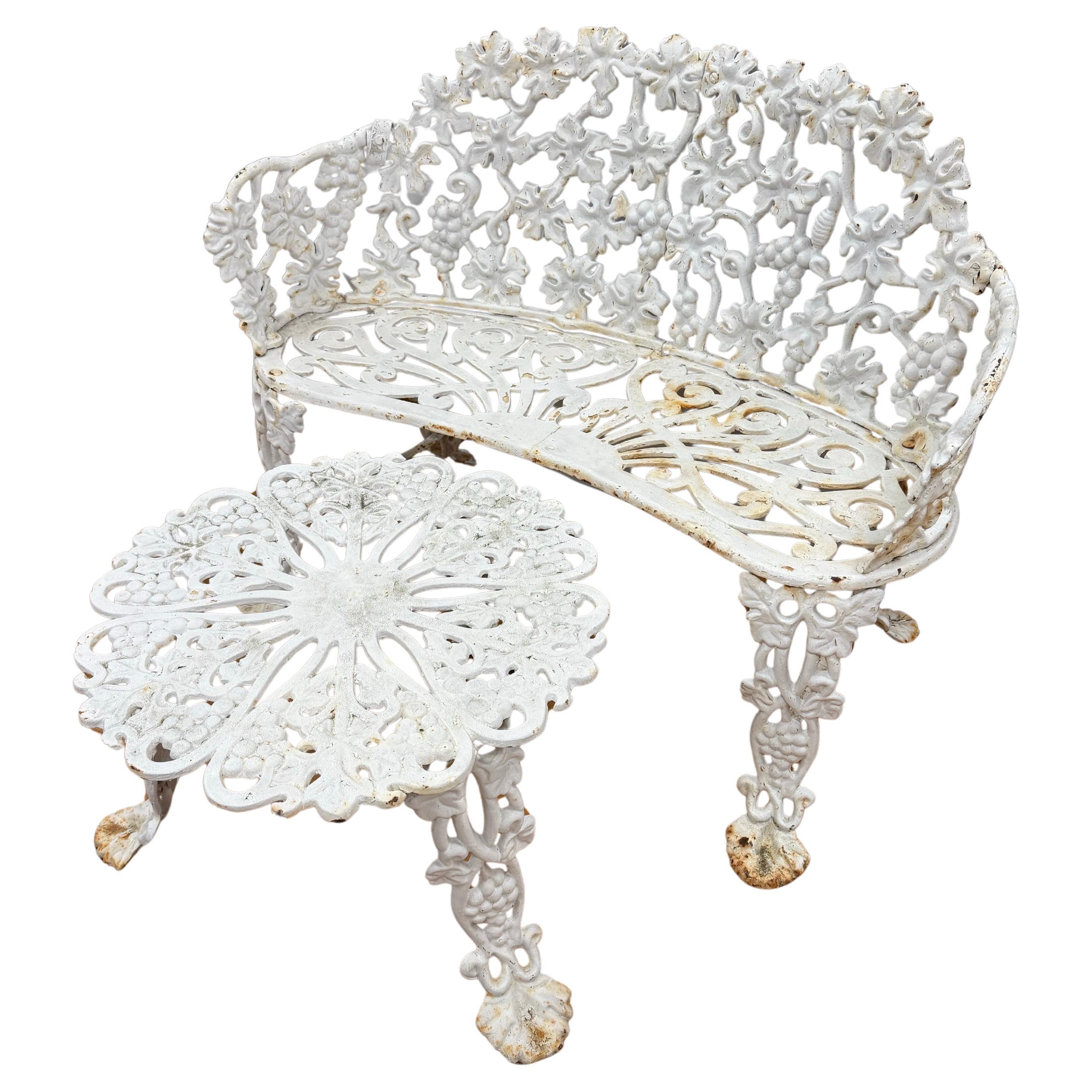 White Cast Iron Grapevine Bench and Table Set Combo For Sale