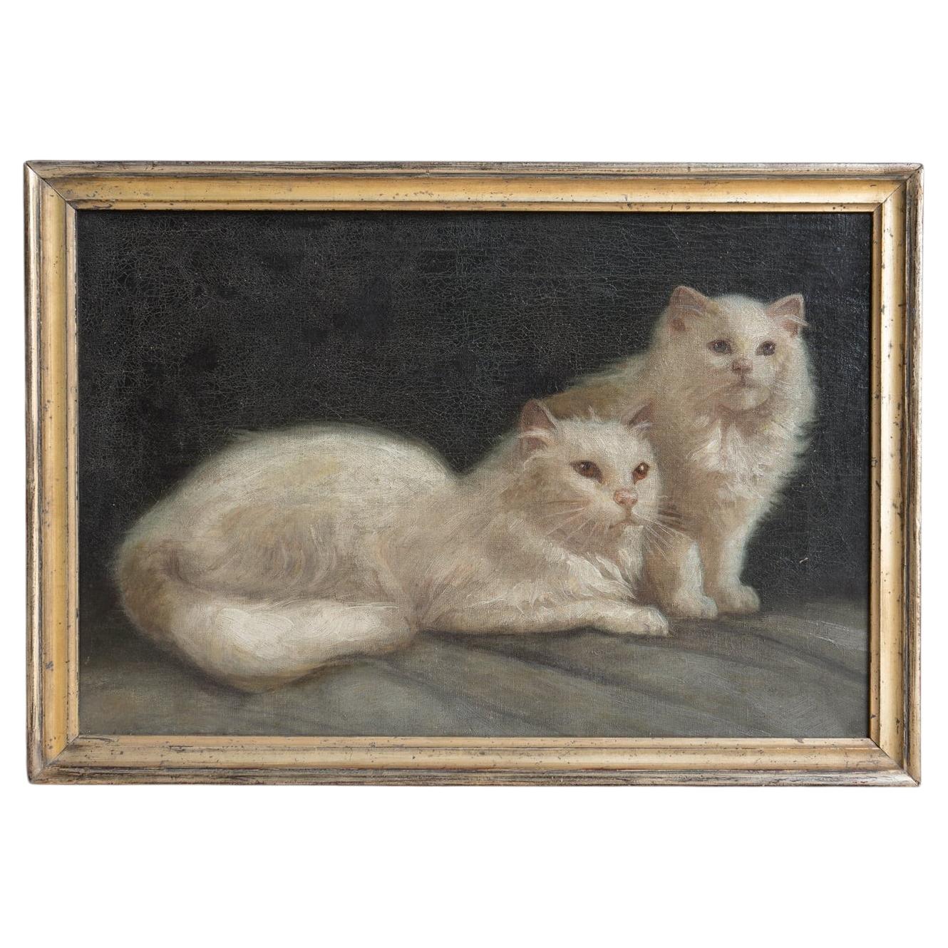 Portrait de chat blanc Peinture à l'huile ancienne originale, attribuée à Arthur Heyer
