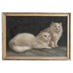 White Cat Portrait Original Antique Oil Painting, Attributed to Arthur Heyer