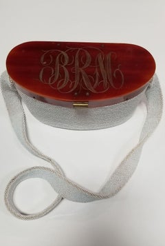 White Caviar Bead Box Purse w Tortoiseshell Celluloid Lid and Long Strap, 1950s