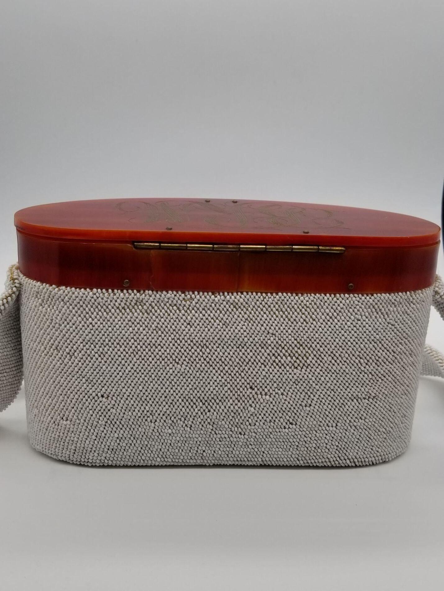 20th Century White Caviar Bead Box Purse w Tortoiseshell Celluloid Lid and Long Strap, 1950s For Sale
