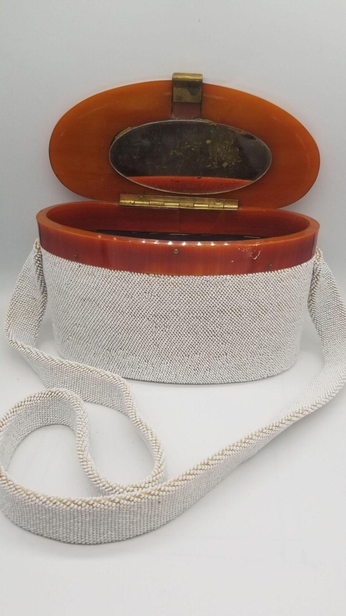 White Caviar Bead Box Purse w Tortoiseshell Celluloid Lid and Long Strap, 1950s For Sale 1