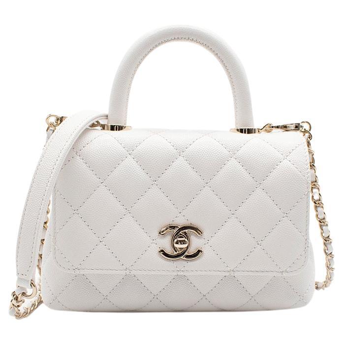 White Caviar Leather Mini Coco Top Handle Flap Bag For Sale