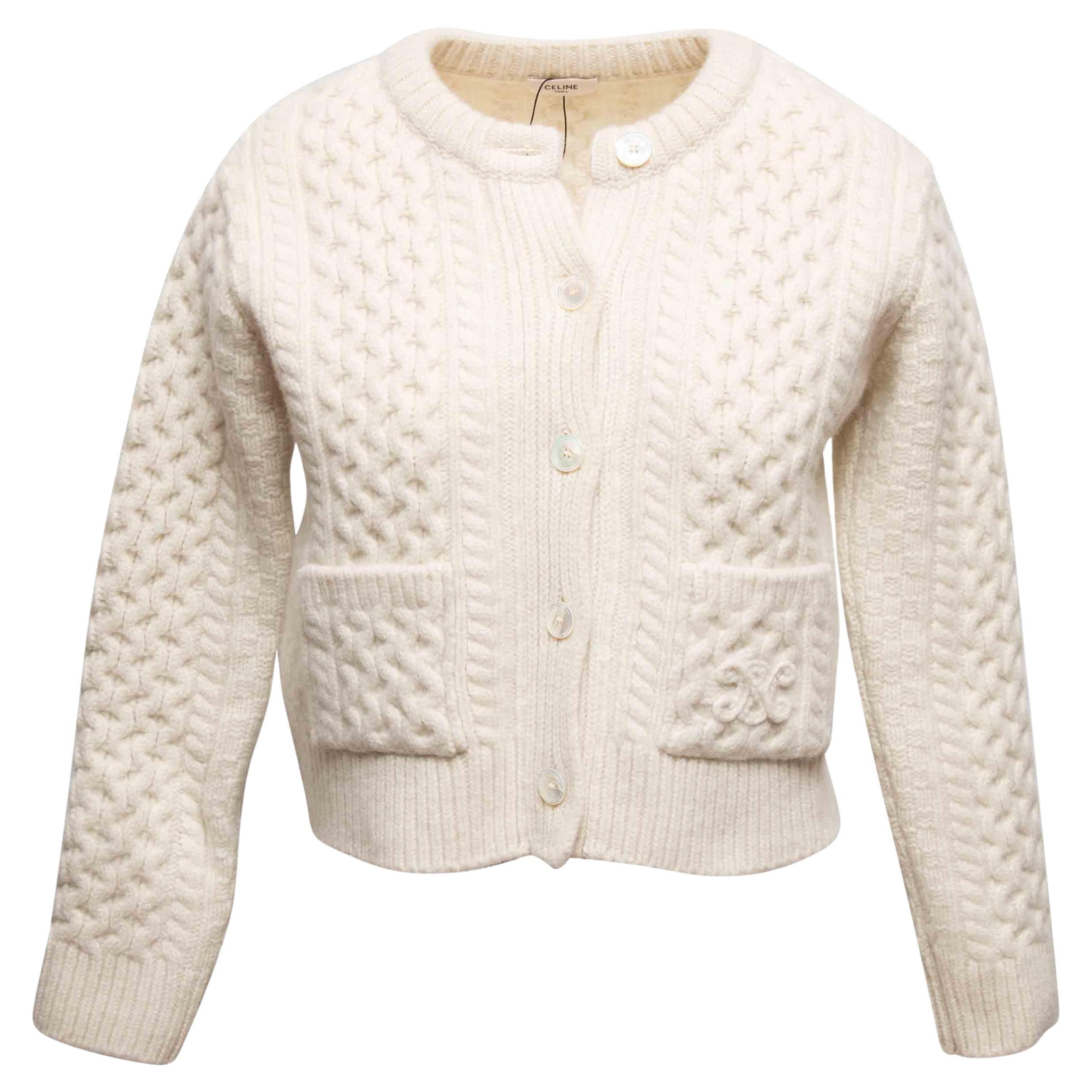 White Celine Cashmere Cable Knit Cardigan Size US S