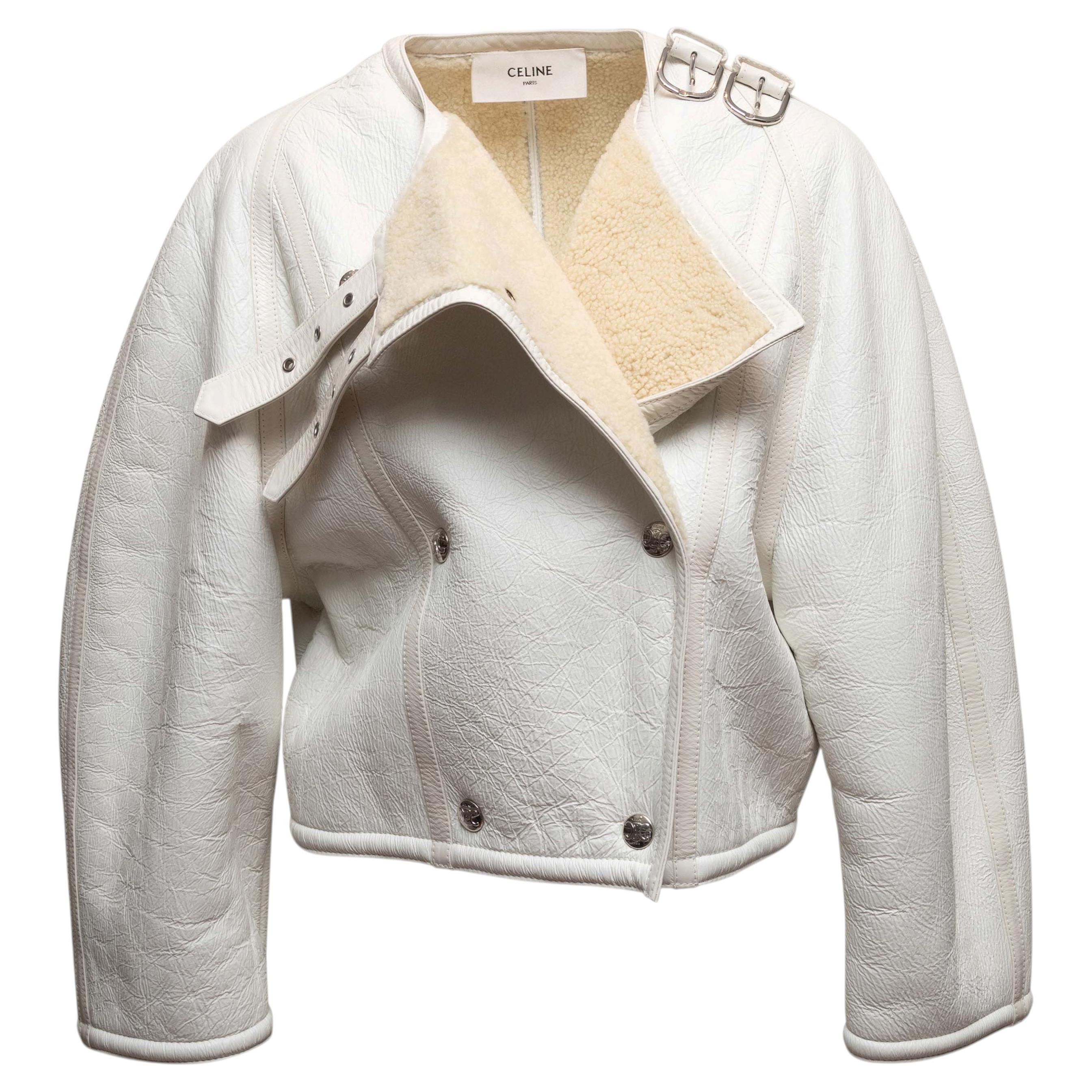 Giacca doppiopetto Celine bianca in shearling