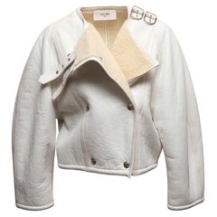 White Celine Double-Breasted Shearling Jacket