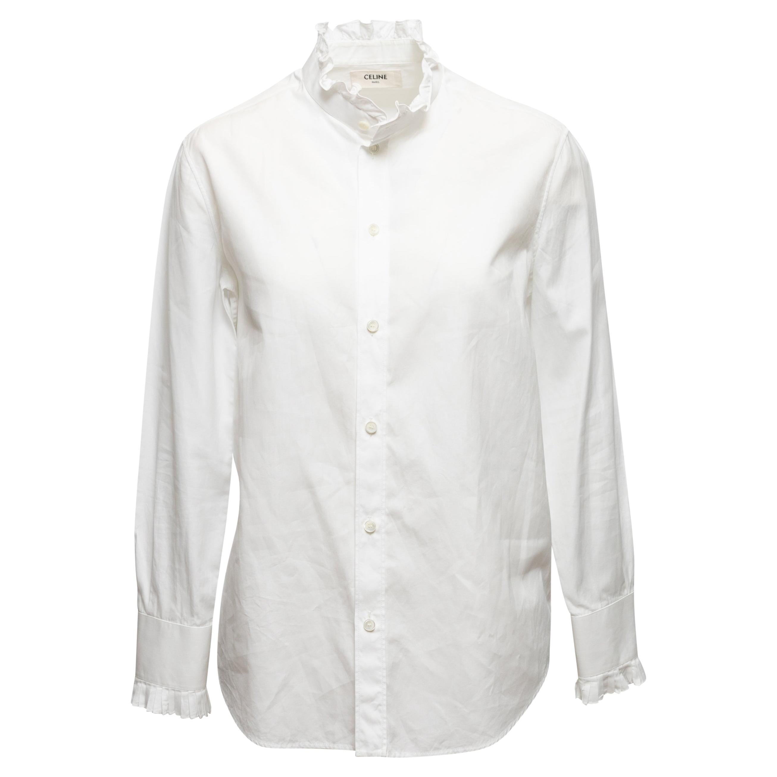 White Celine Ruffle-Trimmed Button-Up Top