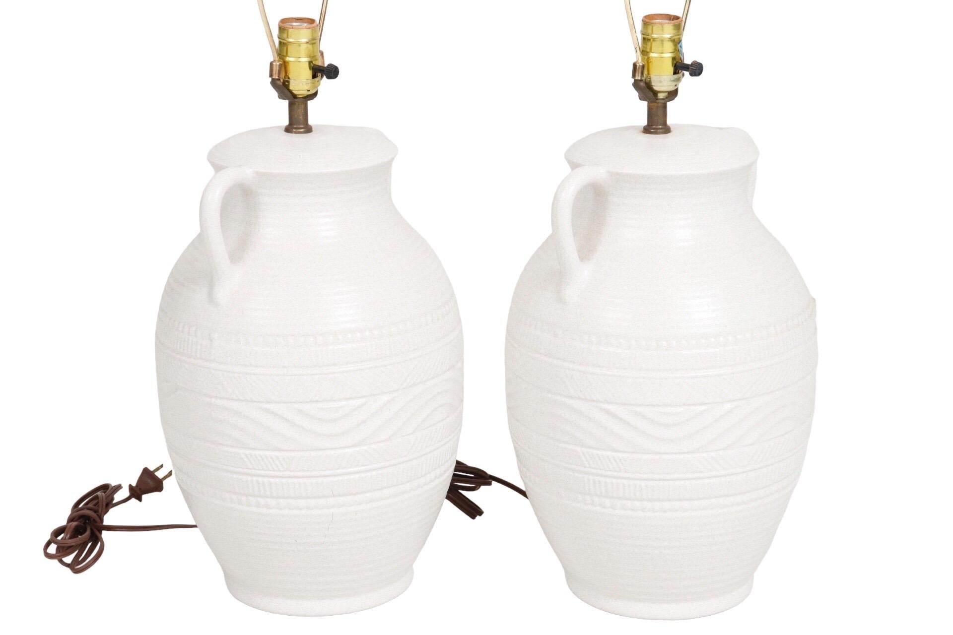 White Ceramic Amphora Table Lamps, a Pair In Good Condition For Sale In Bradenton, FL