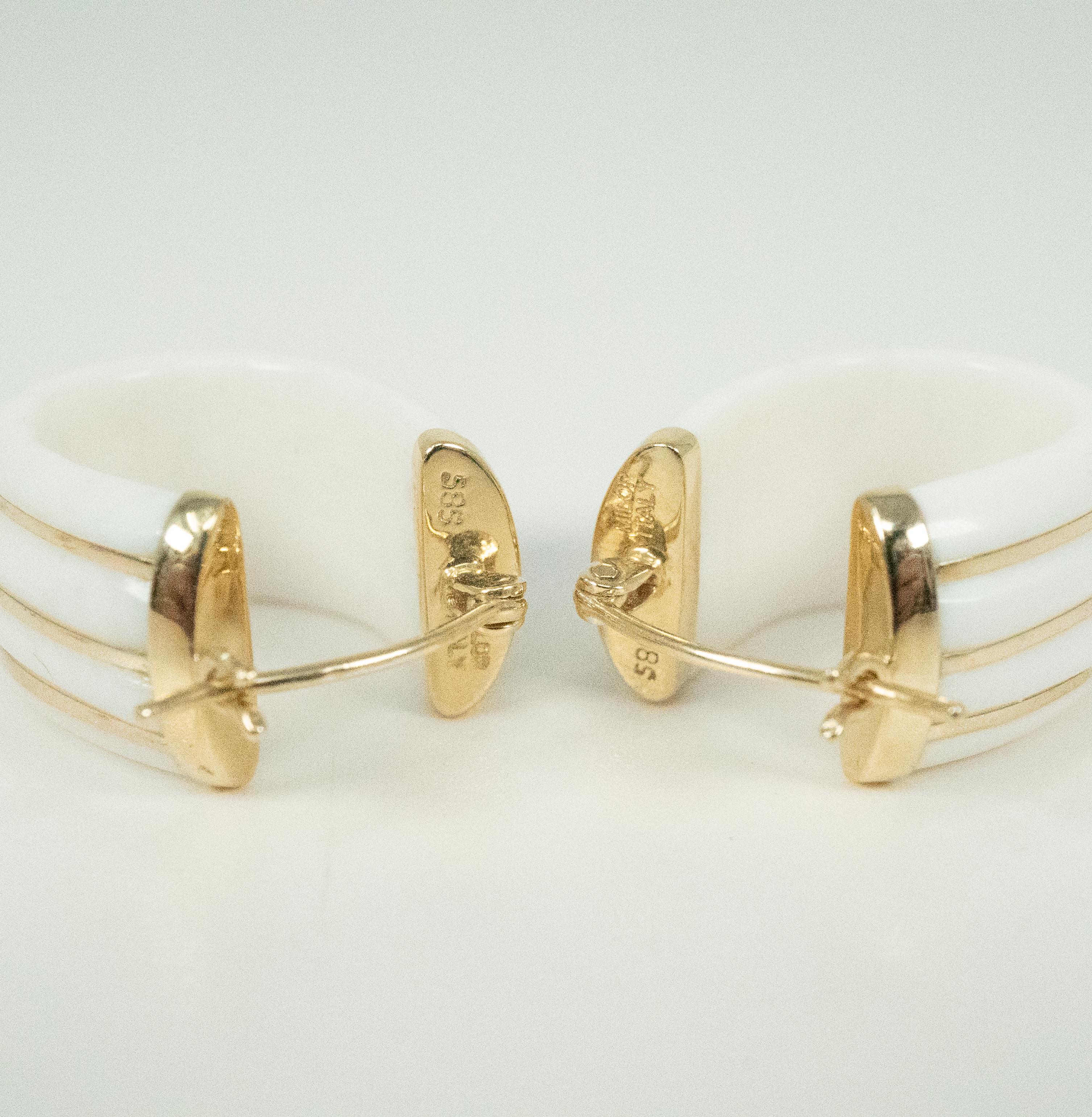 Women's or Men's White Ceramic and 14 Karat Yellow Gold Hoop Earrings For Sale
