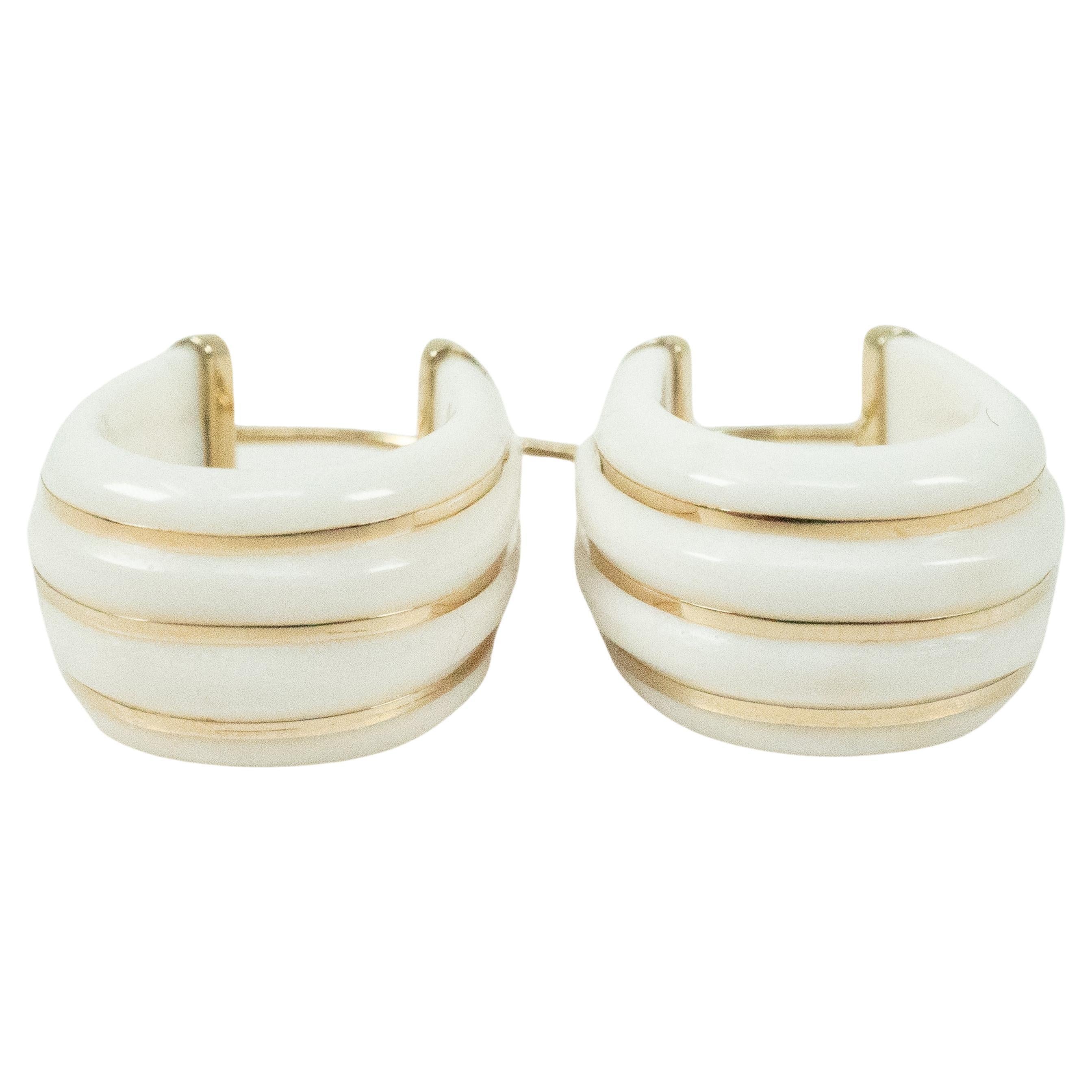 White Ceramic and 14 Karat Yellow Gold Hoop Earrings For Sale