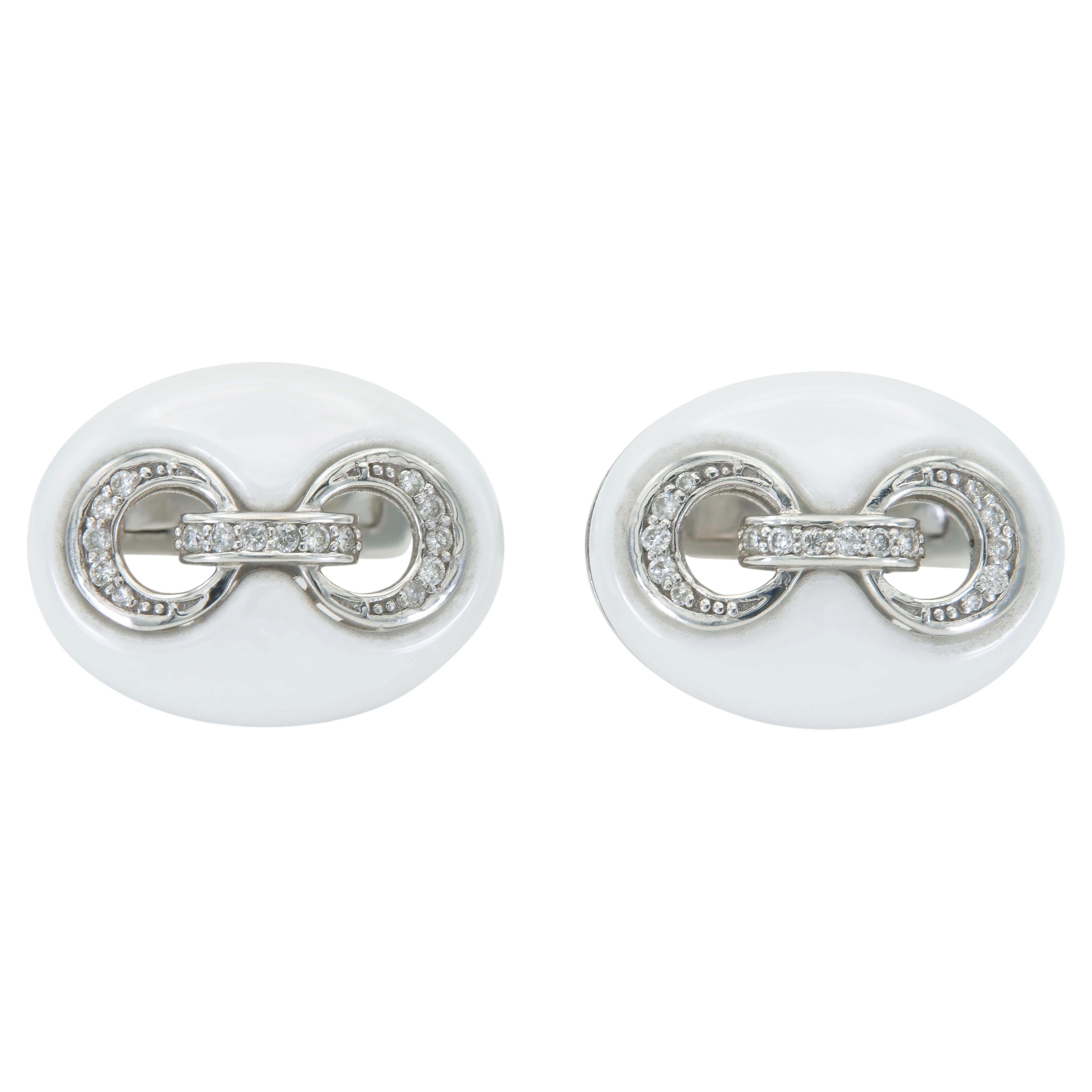 White Ceramic and Diamond Coffee Bean Link Cufflinks For Sale