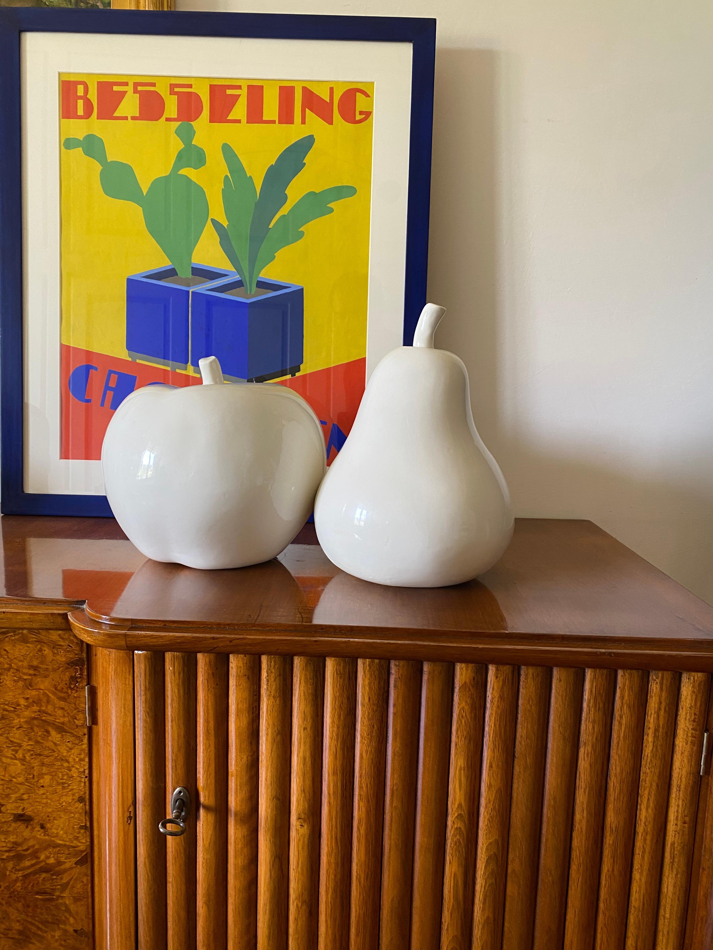 Post-Modern White ceramic Apple and Pear sculptures, Italy ca. 1980 For Sale