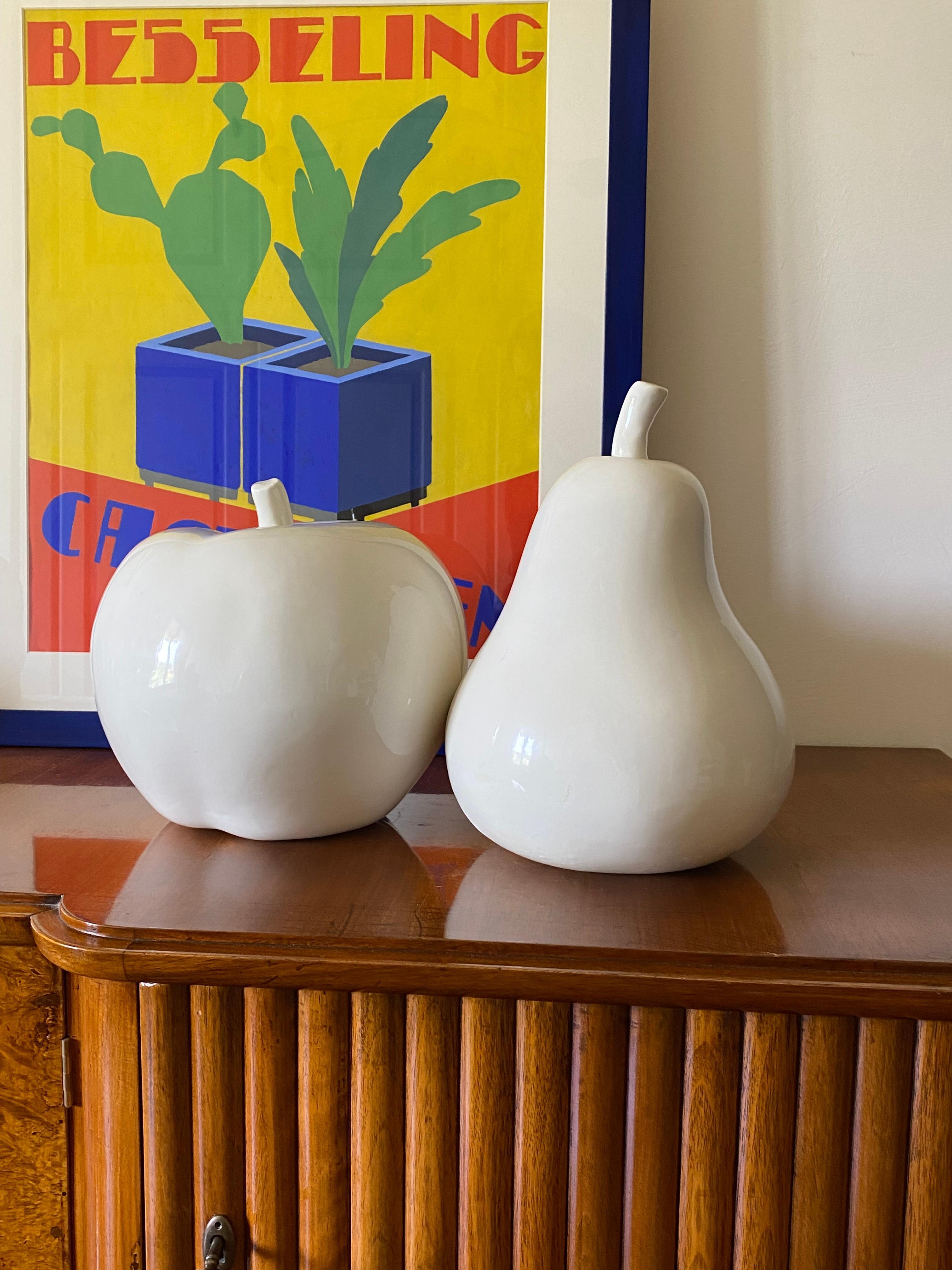 Italian White ceramic Apple and Pear sculptures, Italy ca. 1980 For Sale