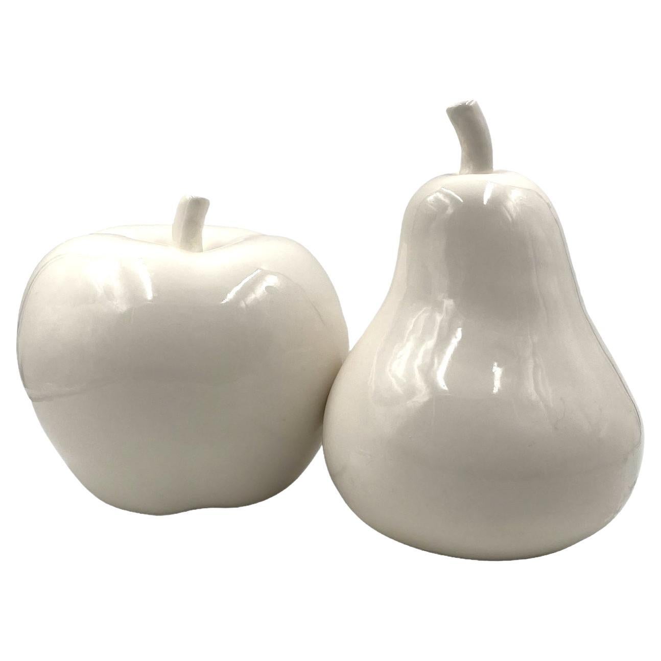 White ceramic Apple and Pear sculptures, Italy ca. 1980