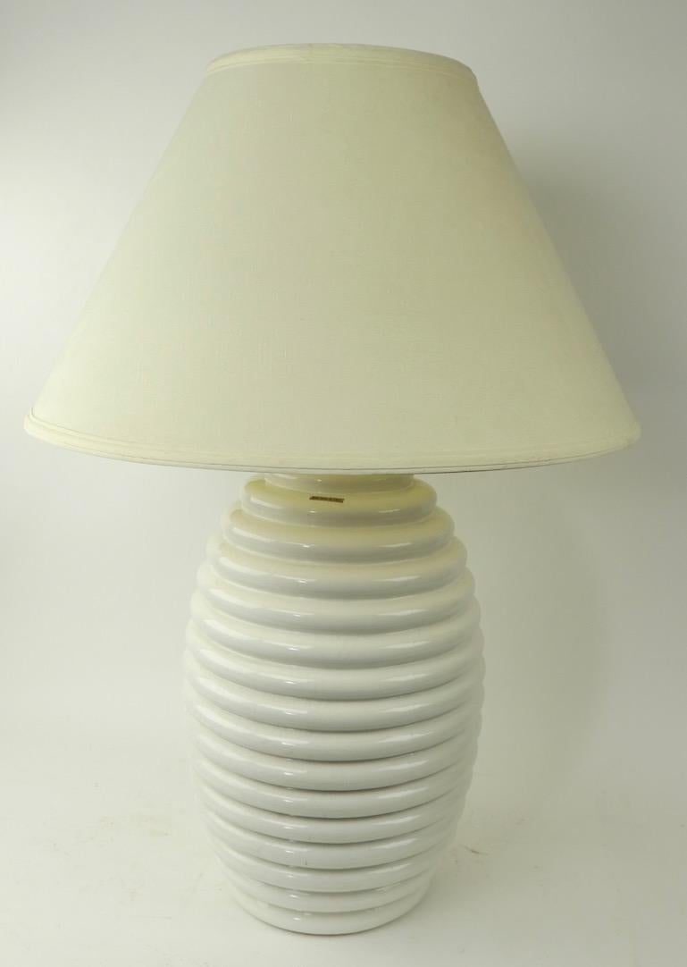 Stylish white on white ceramic beehive style table lamp made in Italy for Tyndale. This example is in very good, original and working condition, clean and ready to use (shade not included).
Total height 27 x height to top of ceramic body 15 x 9