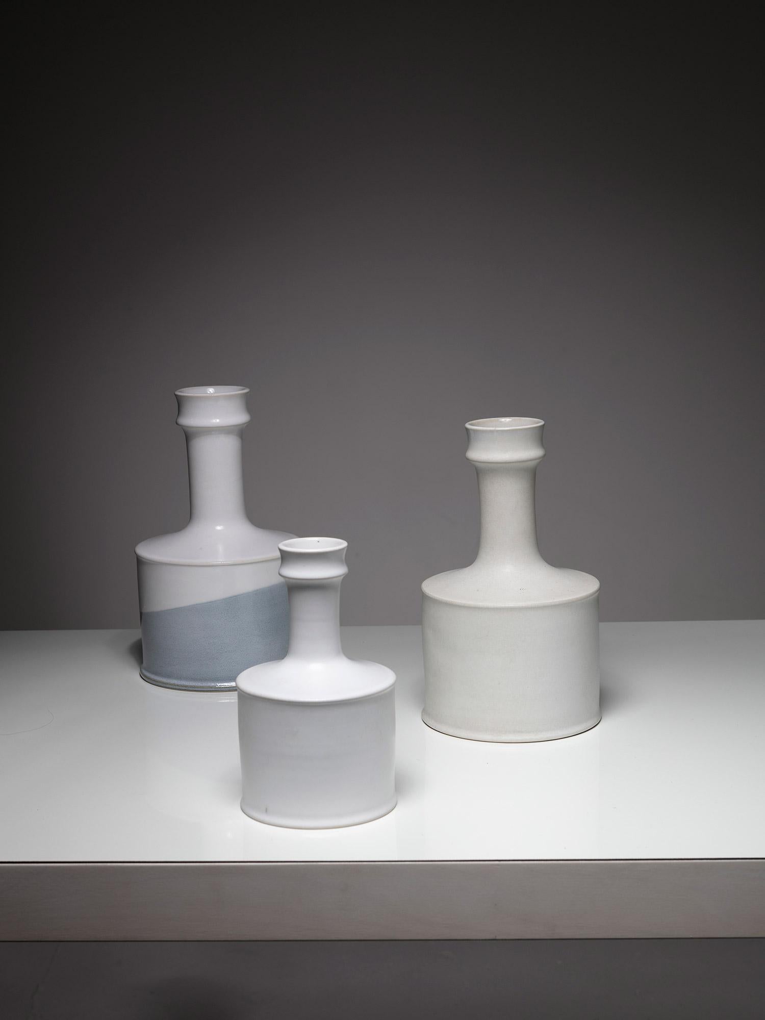 Remarkable set of three vases by Nanni Valentini for Franco Bucci/Laboratorio Pesaro.
Different sizes and colors for this unique decorative set.