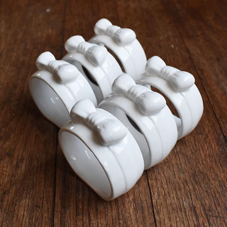 20th Century White Ceramic Bow Motif Napkin Rings, Set of 6 For Sale
