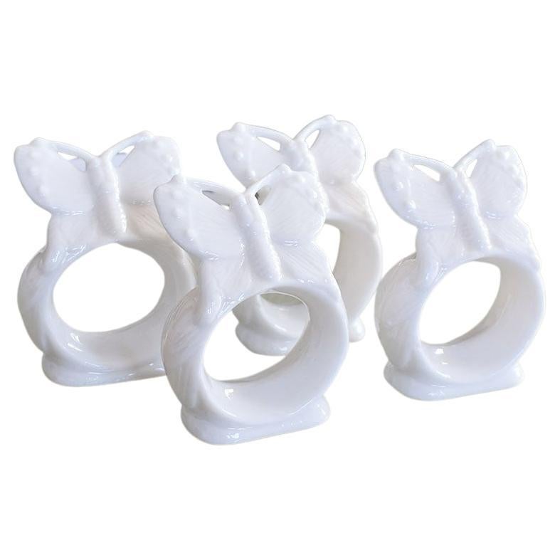 White Ceramic Butterfly Motif Napkin Rings, Set of 4 For Sale