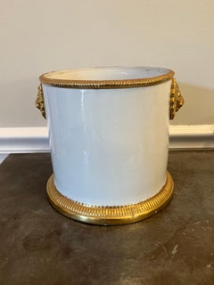 White Ceramic Cache Pot Having Gilt Beaded Trim and Lion Heads by Mottahedeh
