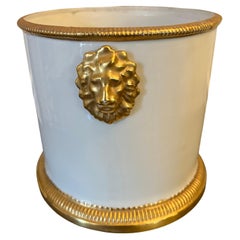 Vintage White Ceramic Cache Pot Having Gilt Beaded Trim and Lion Heads by Mottahedeh