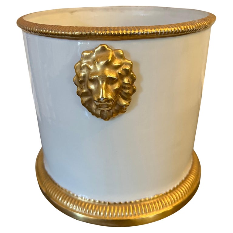 White Ceramic Cache Pot Having Gilt Beaded Trim and Lion Heads by Mottahedeh