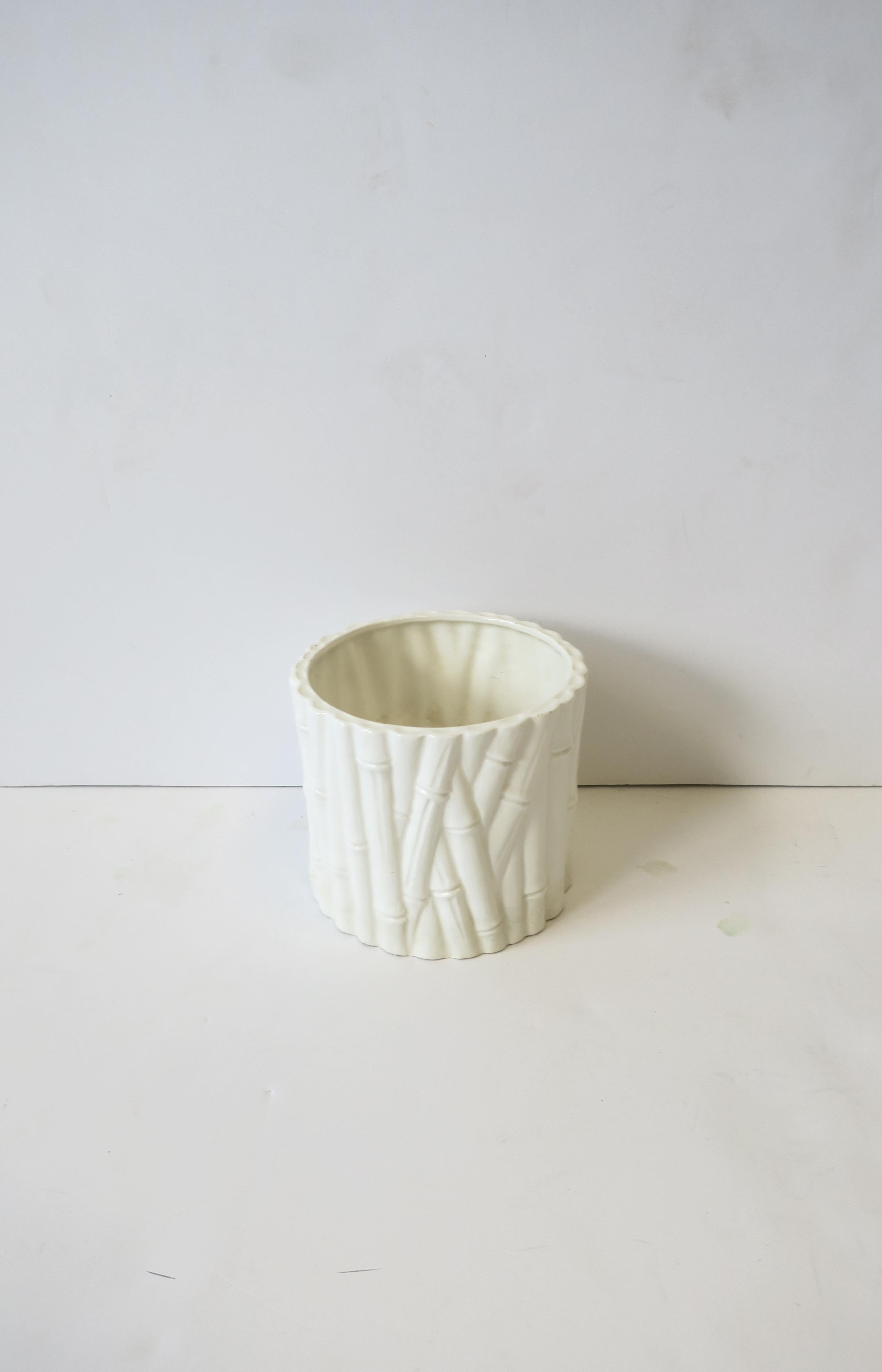 Chinoiserie White Ceramic Cachepot or Jardiniere with Bamboo Design For Sale
