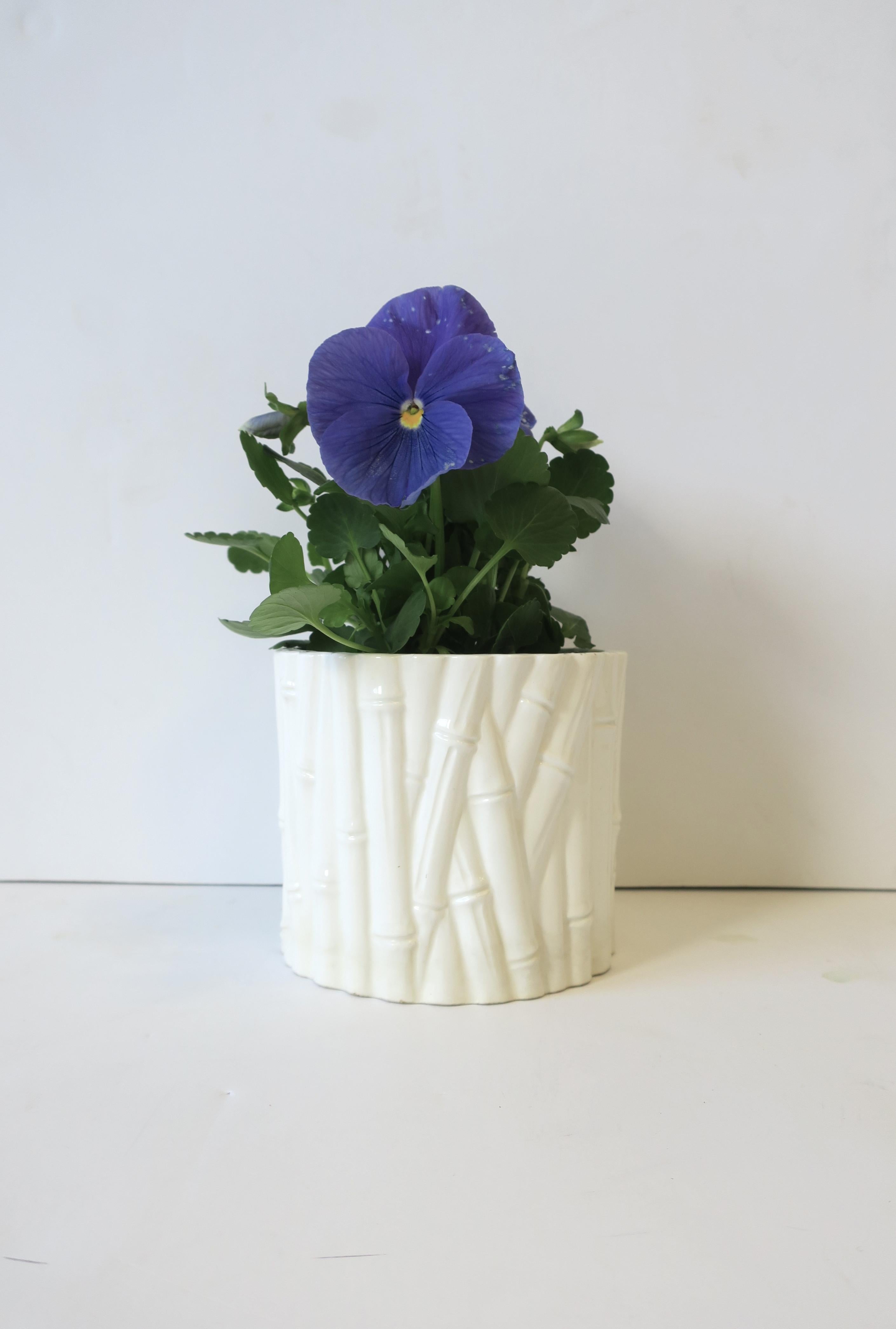 Glazed White Ceramic Cachepot or Jardiniere with Bamboo Design For Sale