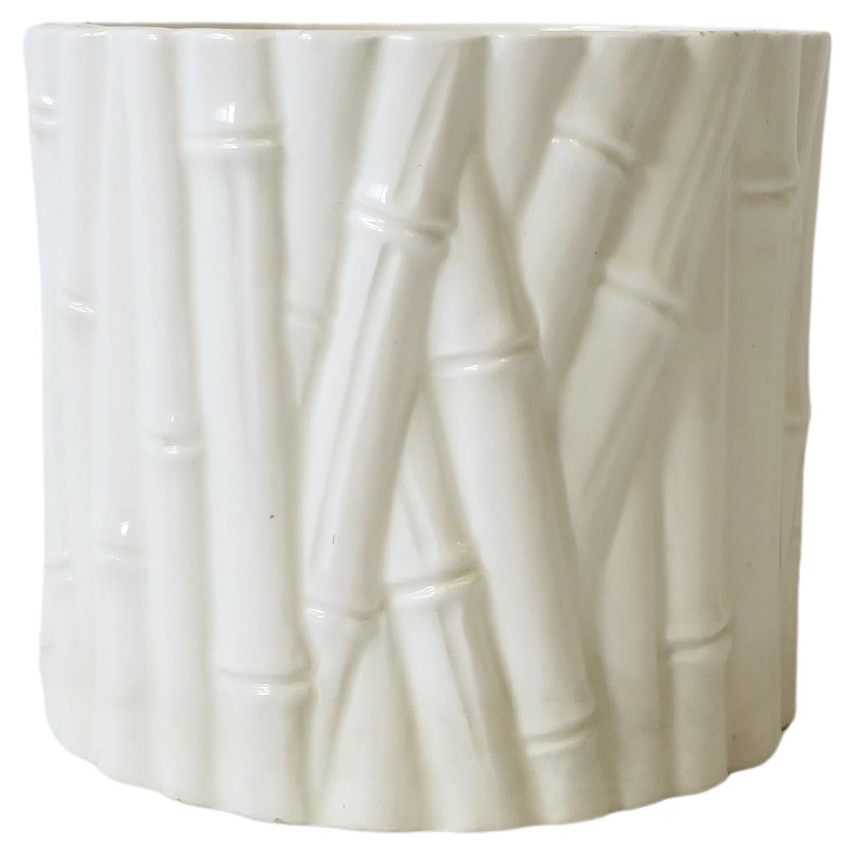 White Ceramic Cachepot or Jardiniere with Bamboo Design