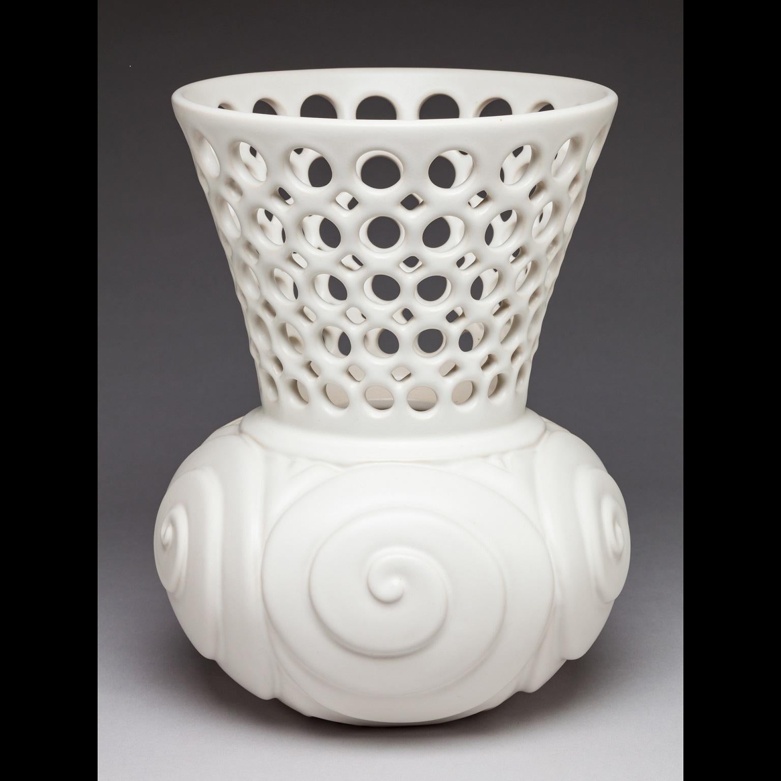 Art Nouveau White Ceramic Carved with Circular Pierced Pattern Vase or Vessel, In Stock