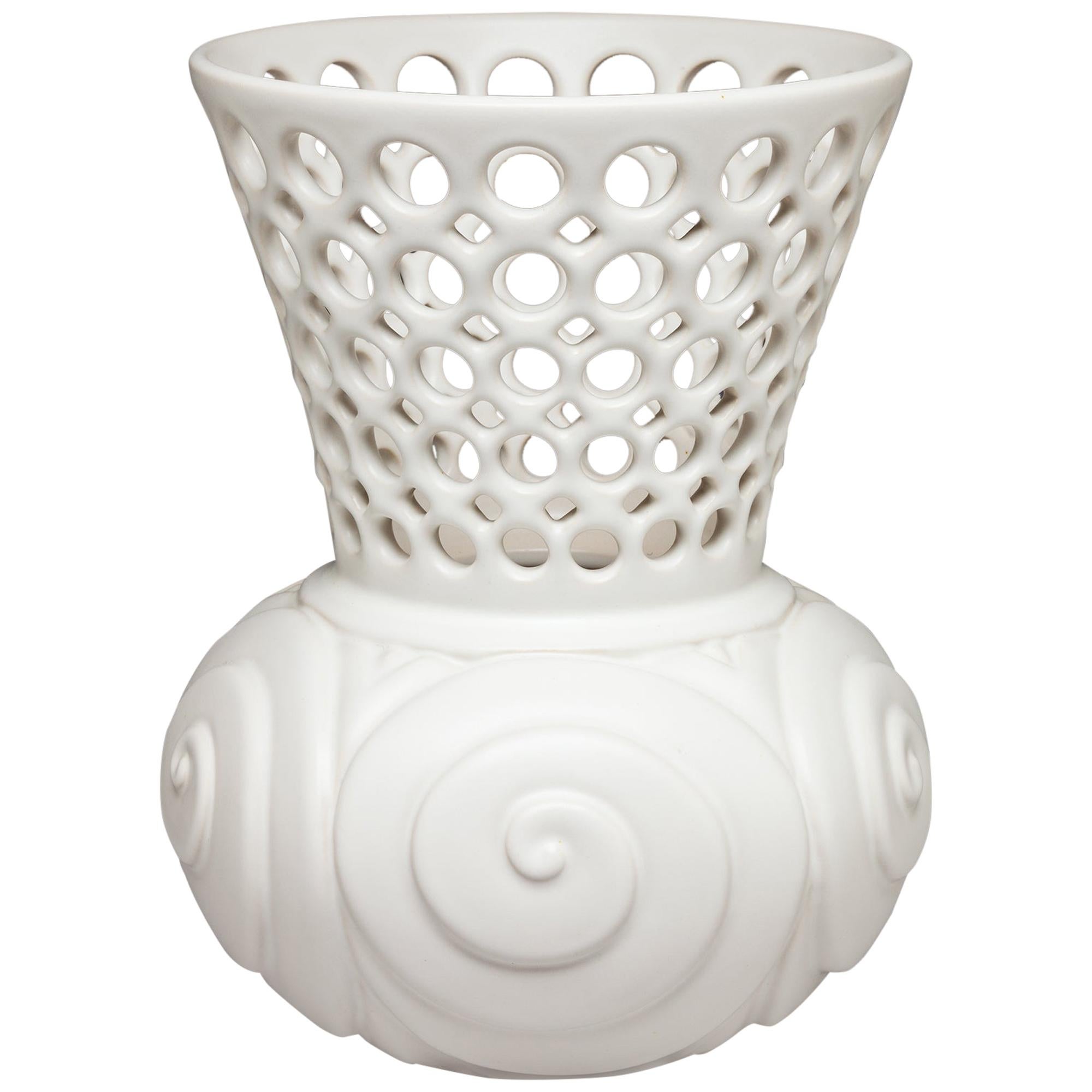 White Ceramic Carved with Circular Pierced Pattern Vase or Vessel, In Stock
