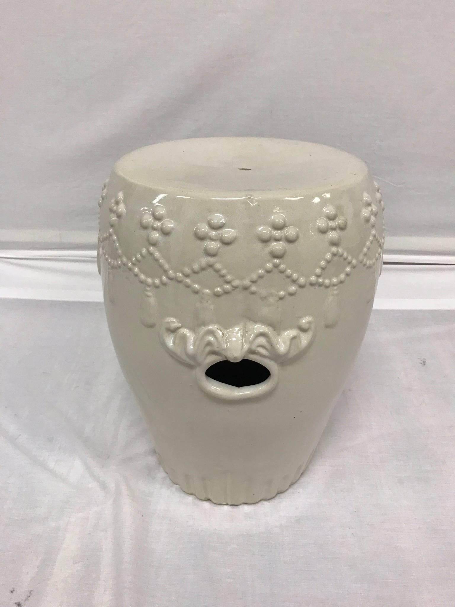 Glazed White Ceramic Chinoiserie Garden Stool For Sale