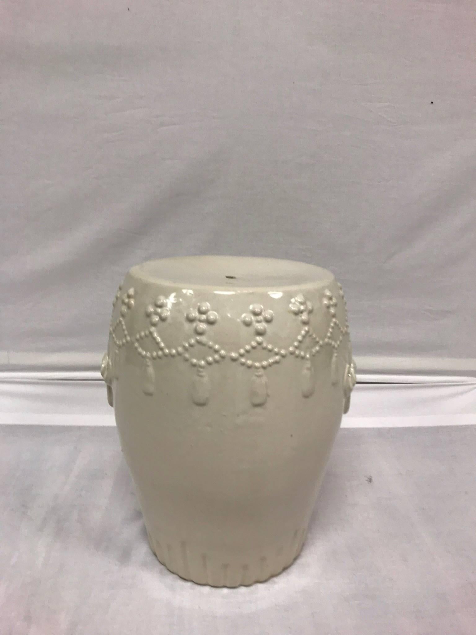 White Ceramic Chinoiserie Garden Stool In Good Condition For Sale In High Point, NC