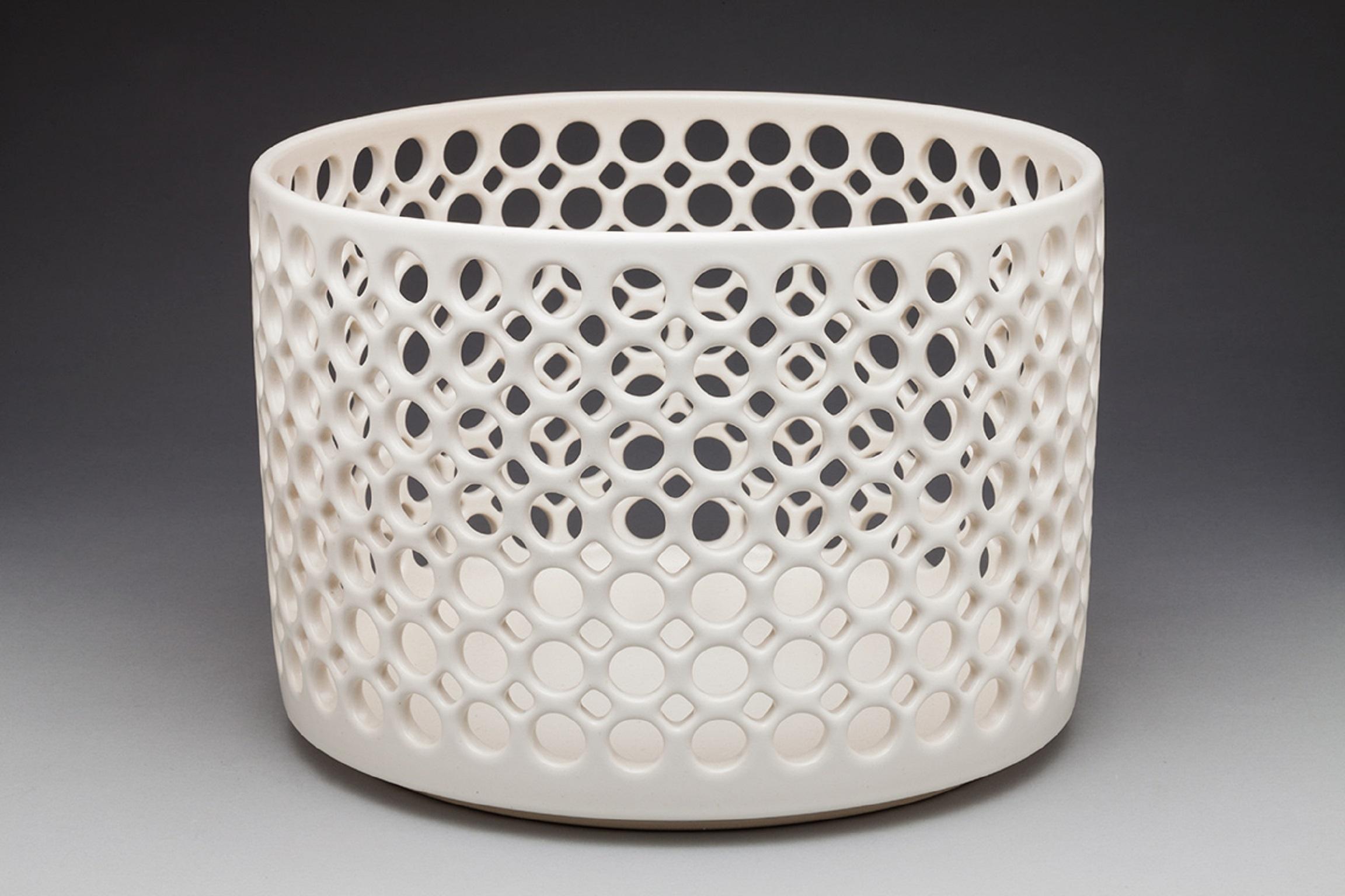 White Ceramic Circular Pierced Cylindrical Bowl or Vessel, In Stock In New Condition For Sale In Oakland, CA