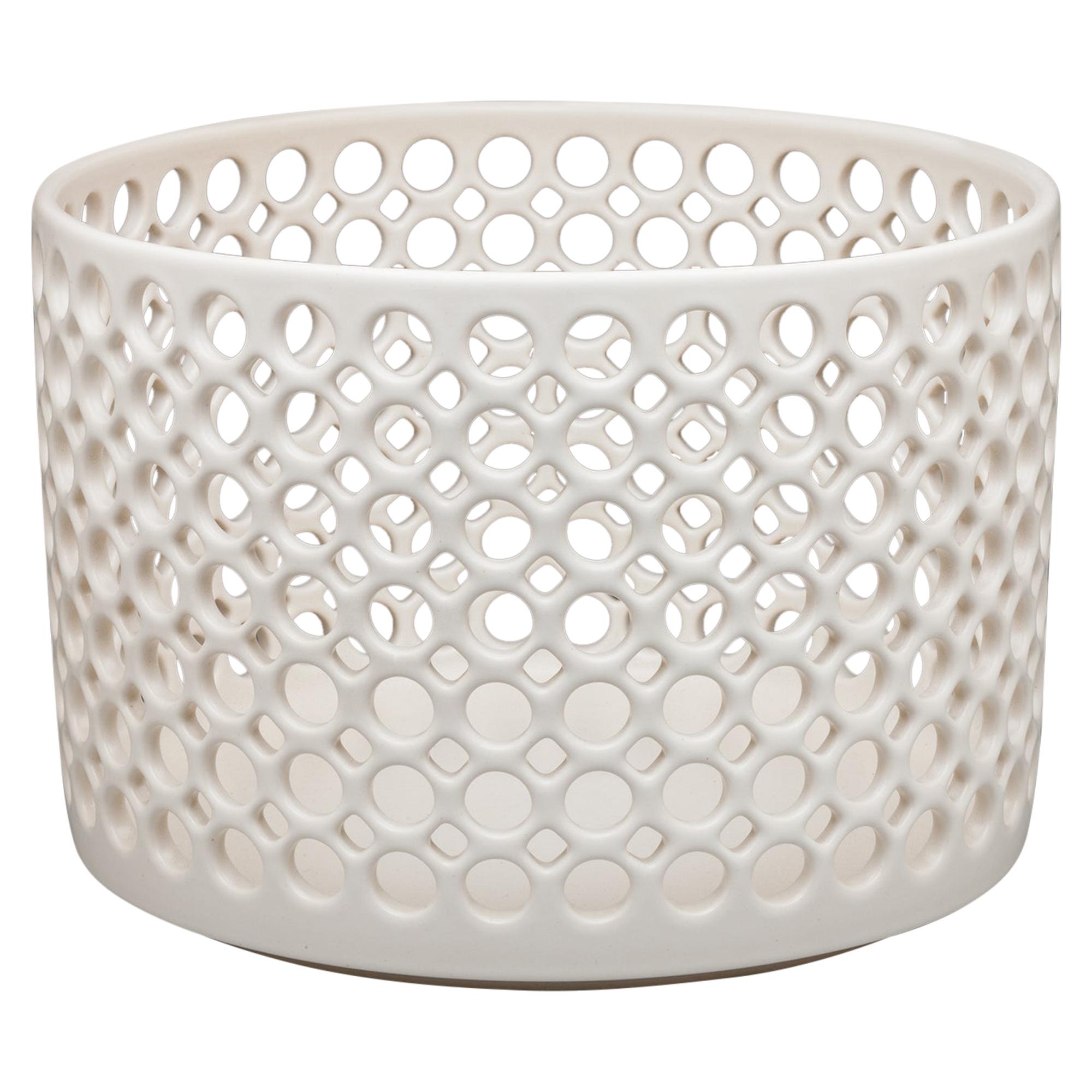 White Ceramic Circular Pierced Cylindrical Bowl or Vessel, In Stock