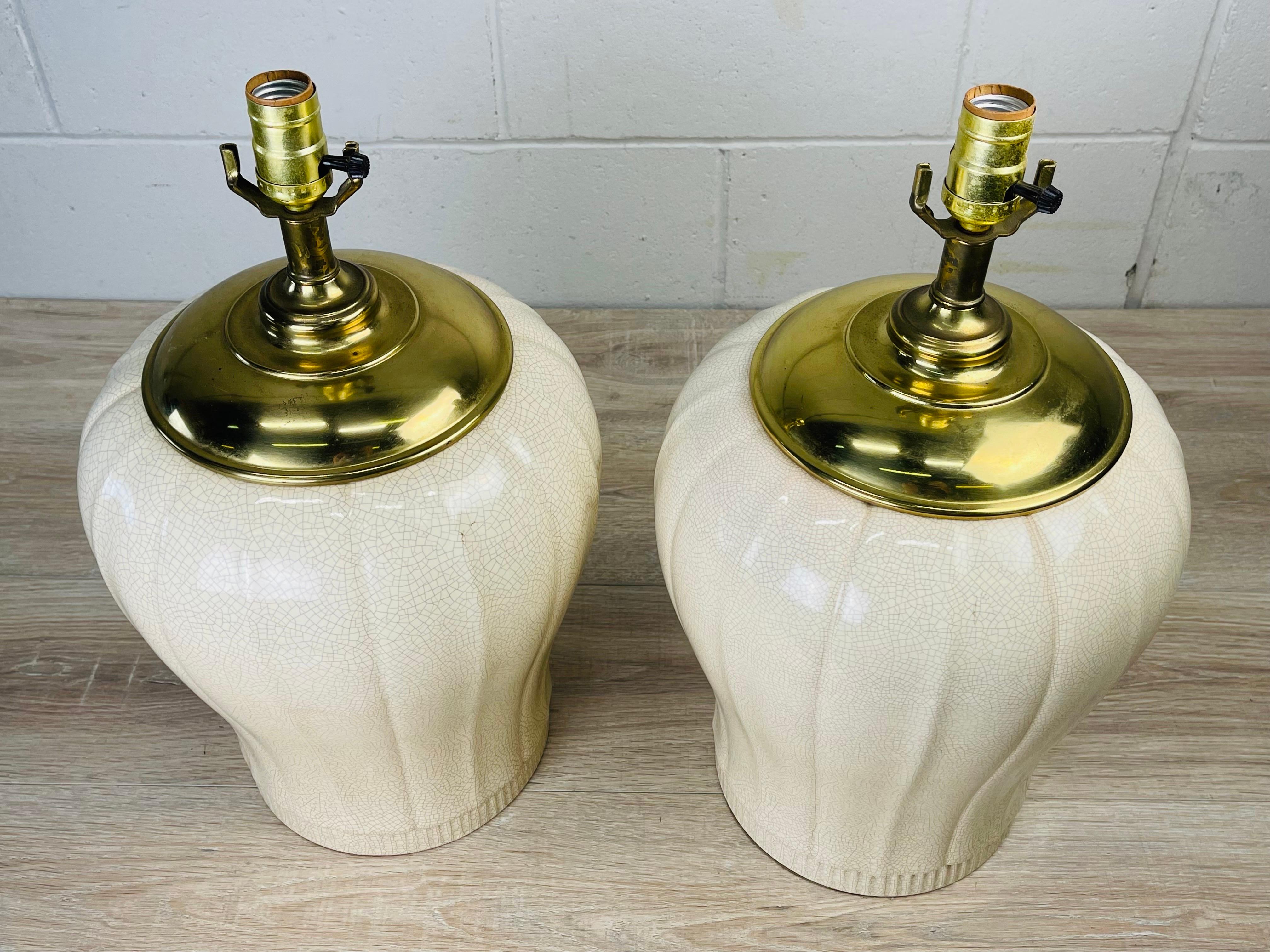 Mid-Century Modern White Ceramic Crackle Table Lamps, Pair