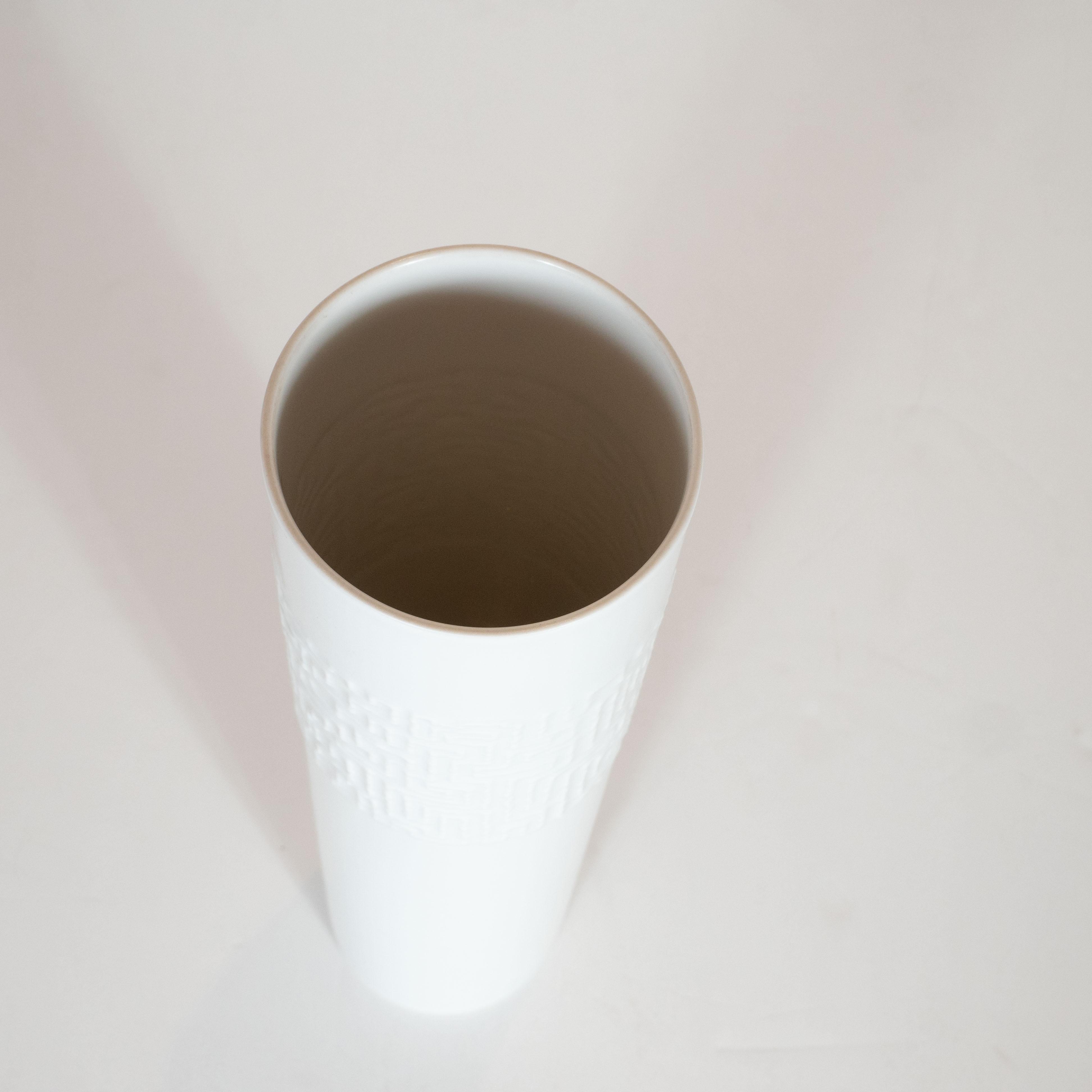 German White Ceramic Cylindrical Vase with Raised Brutalist Design by Rosenthal