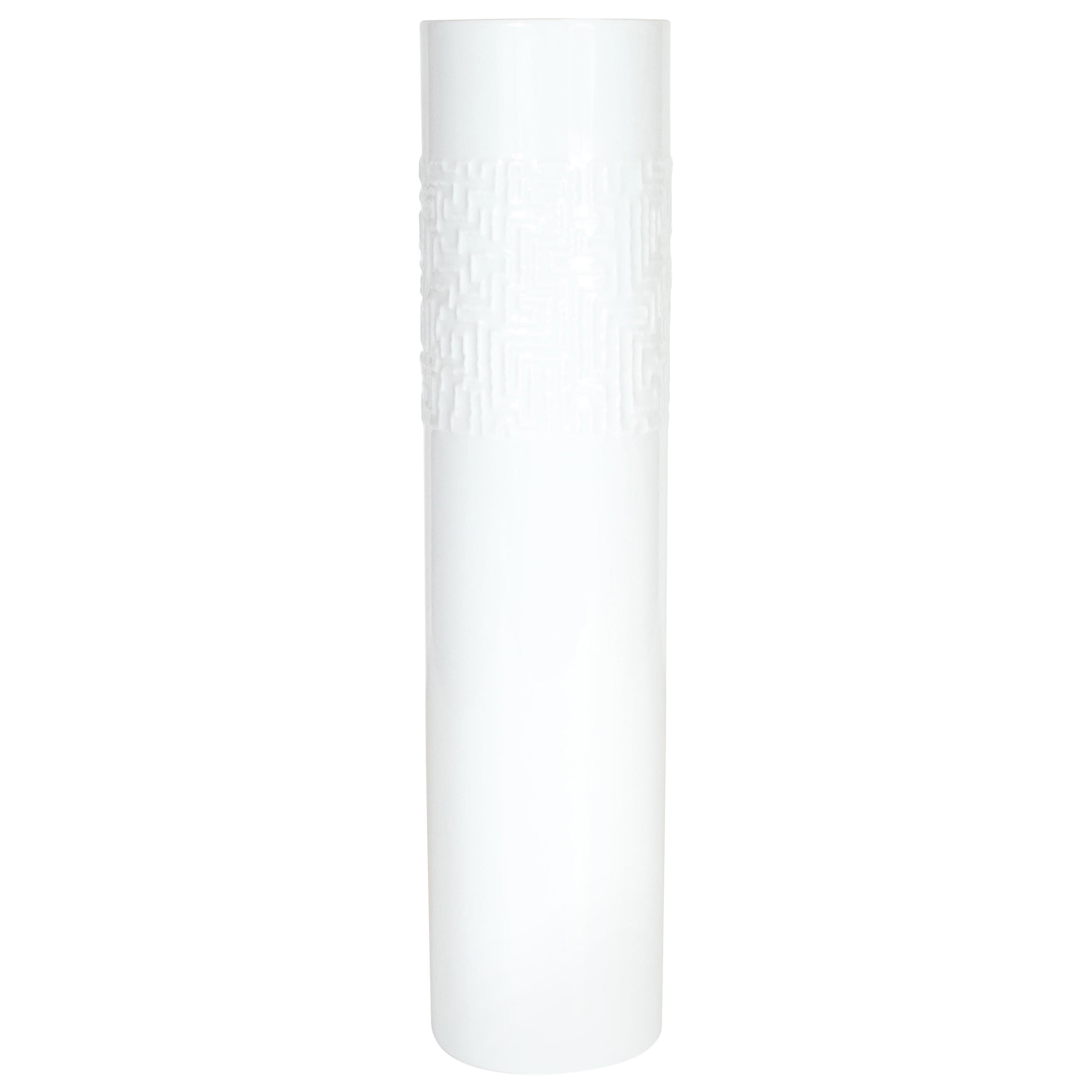 White Ceramic Cylindrical Vase with Raised Brutalist Design by Rosenthal