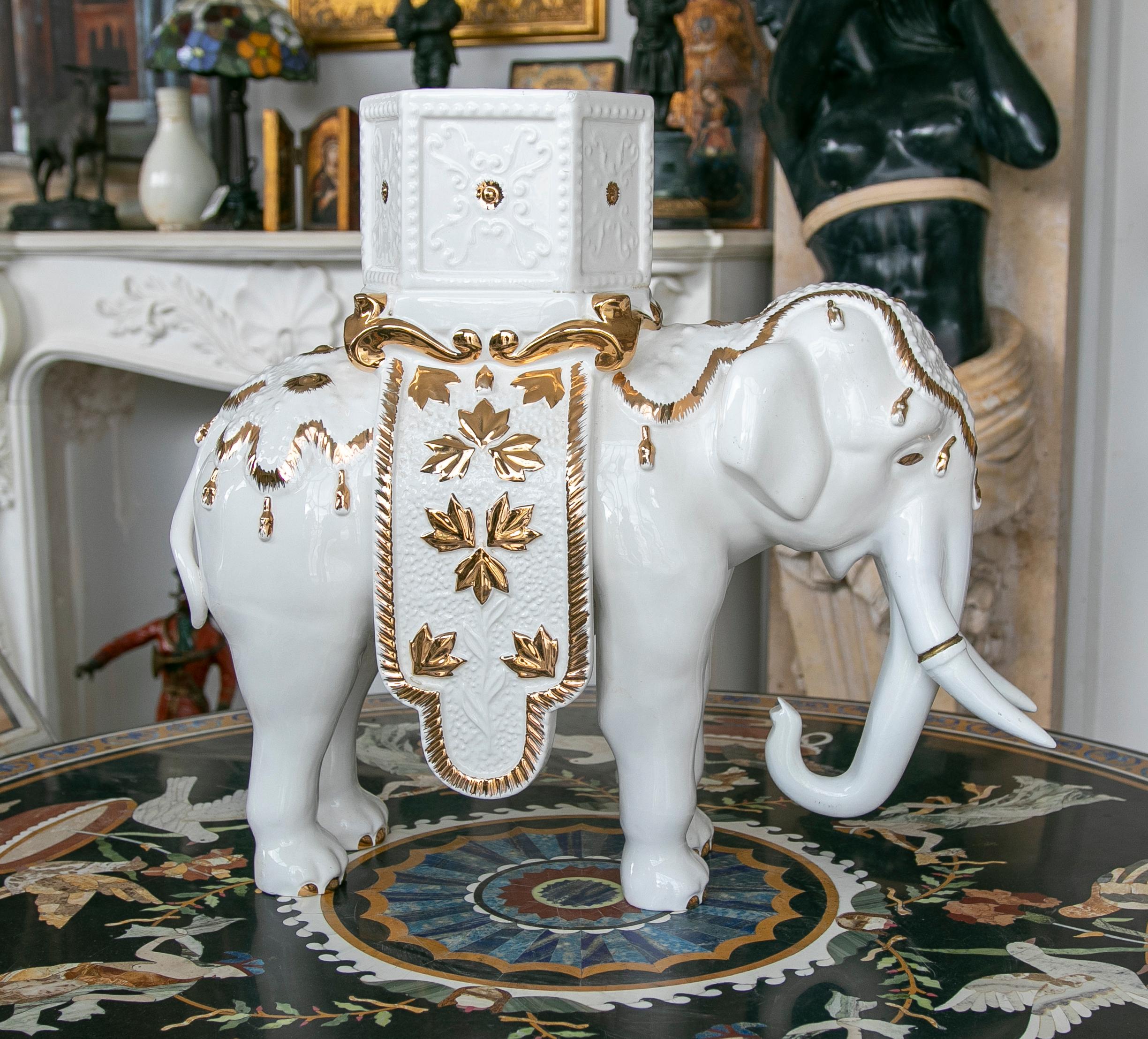 White Ceramic Elephant Pot Sculpture Signed 