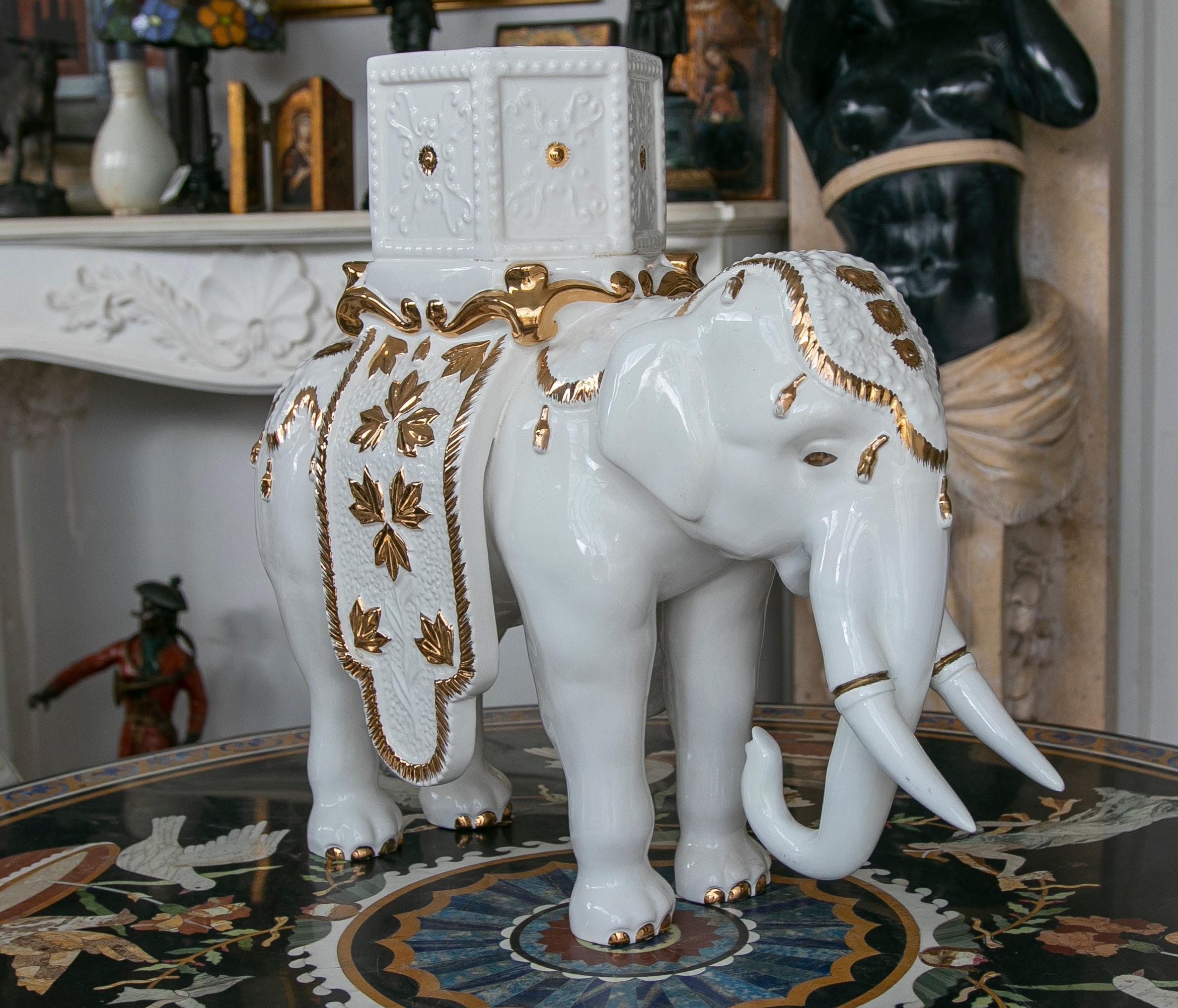 White Ceramic Elephant Pot Sculpture Signed 