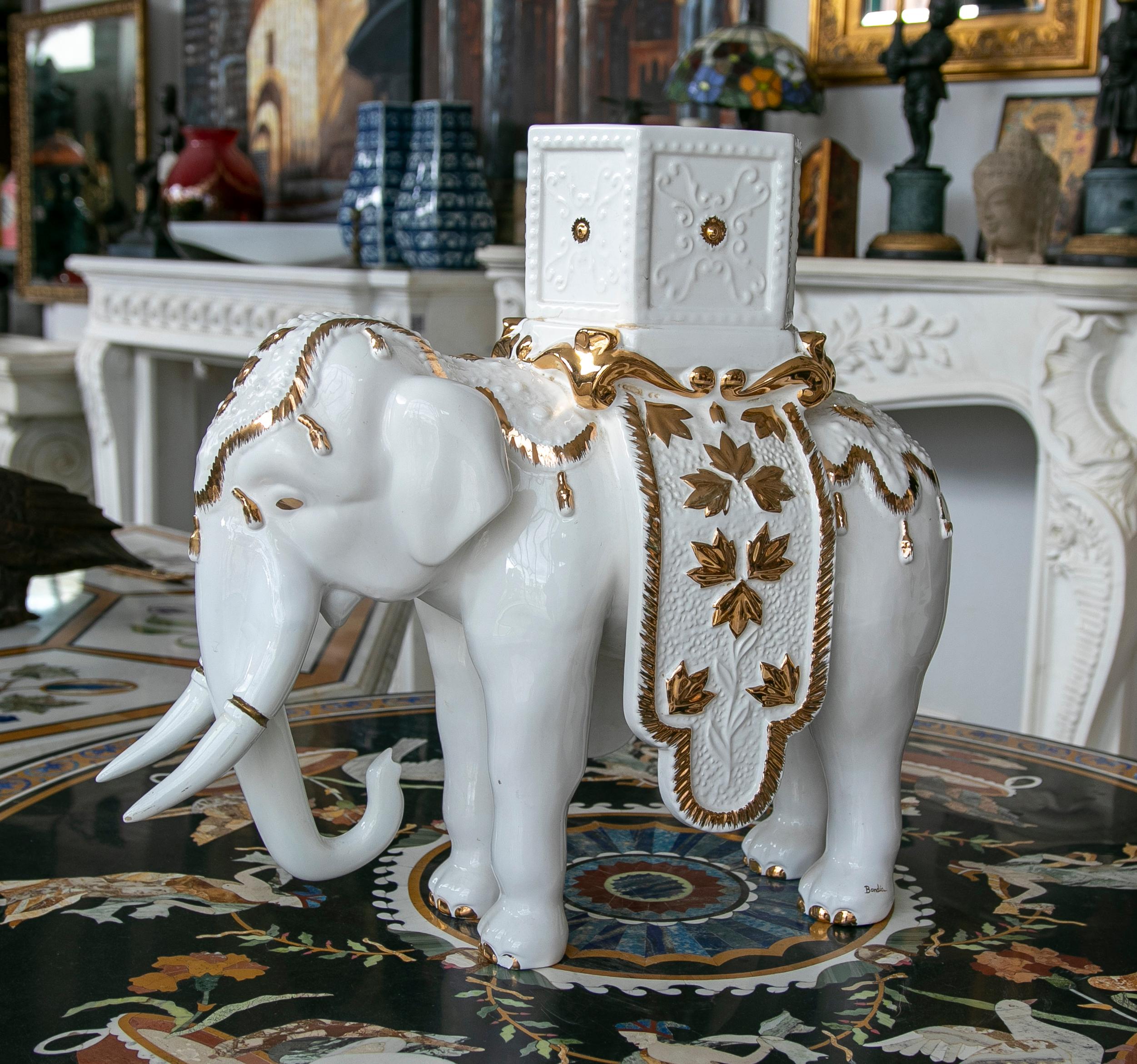 White Ceramic Elephant Pot Sculpture Signed 