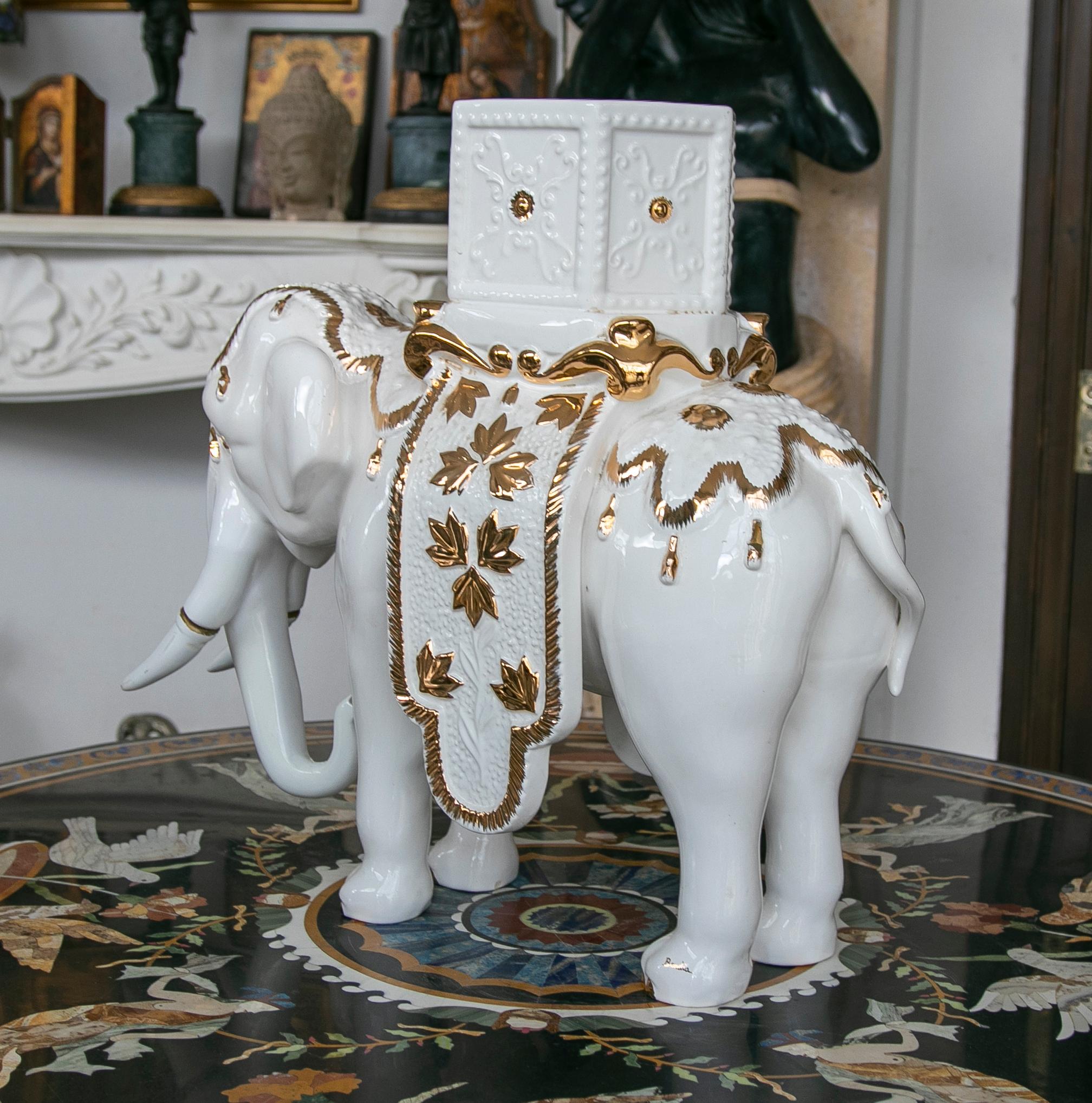 20th Century White Ceramic Elephant Pot Sculpture Signed 