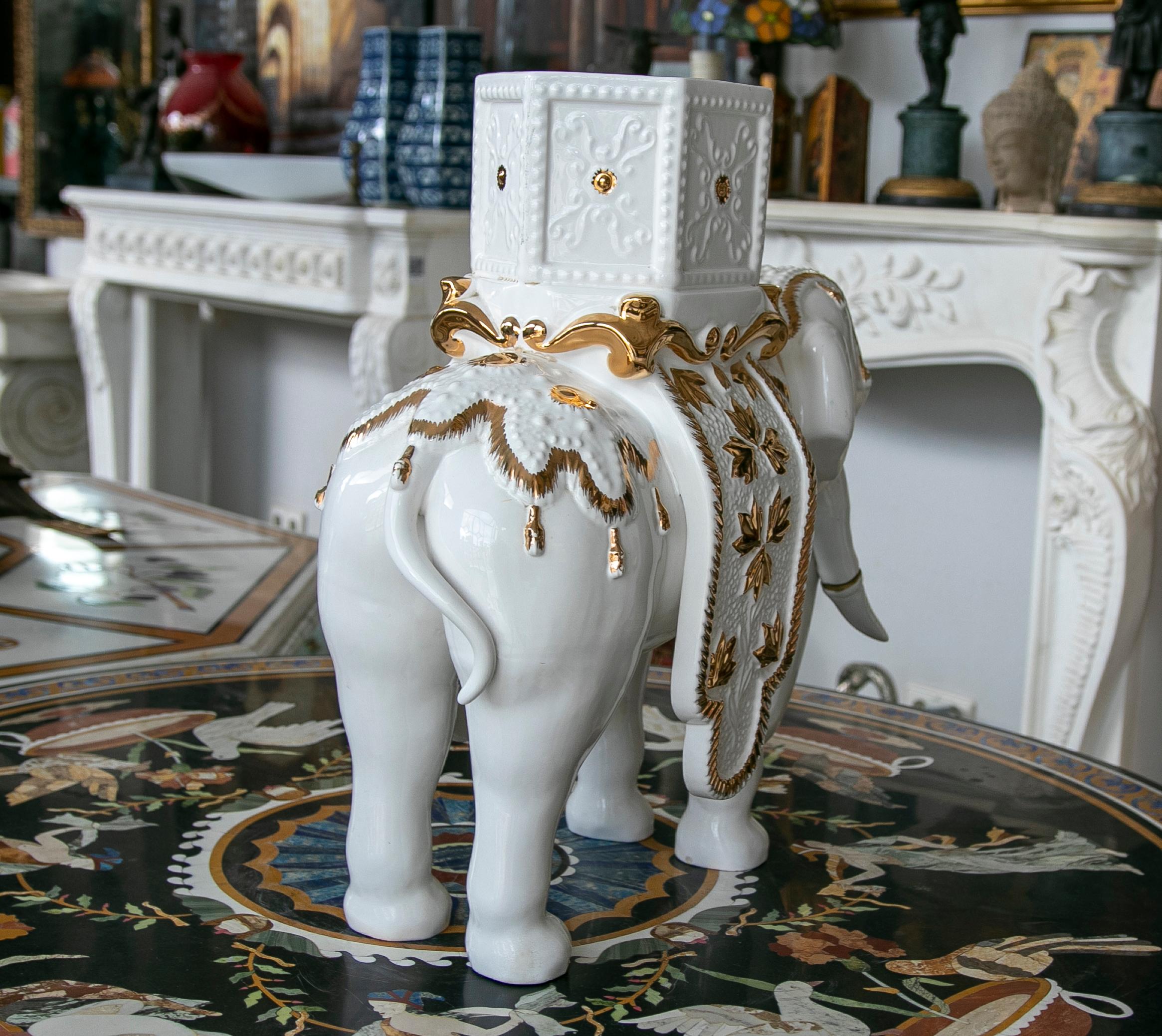 White Ceramic Elephant Pot Sculpture Signed 