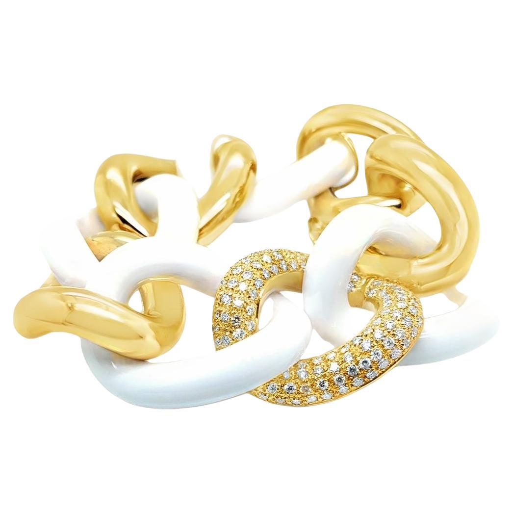 Bracelet Gourmette en céramique blanche, or jaune 18 carats et diamants 8 1/4".